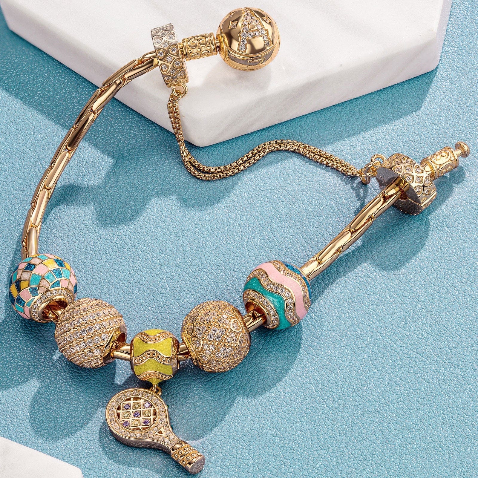Sterling Silver Vibrant Tennis Charms Bracelet Set With Enamel In 14K Gold Plated (Includes bracelet and all charms shown) - Image 4