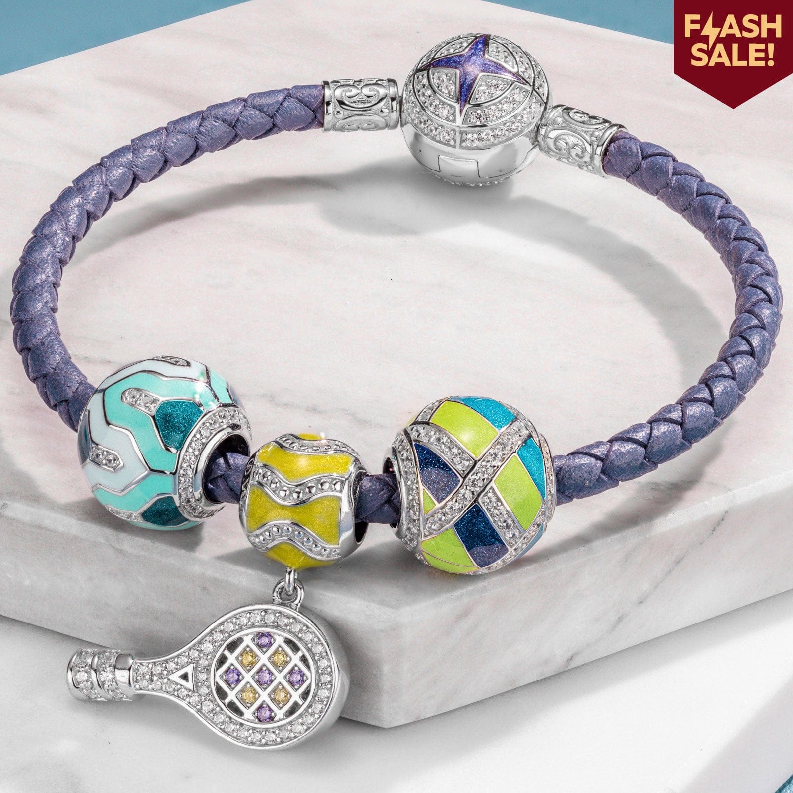 Sterling Silver Cute Tennis Charms Bracelet Set With Enamel In White Gold Plated (Includes bracelet and all charms shown)