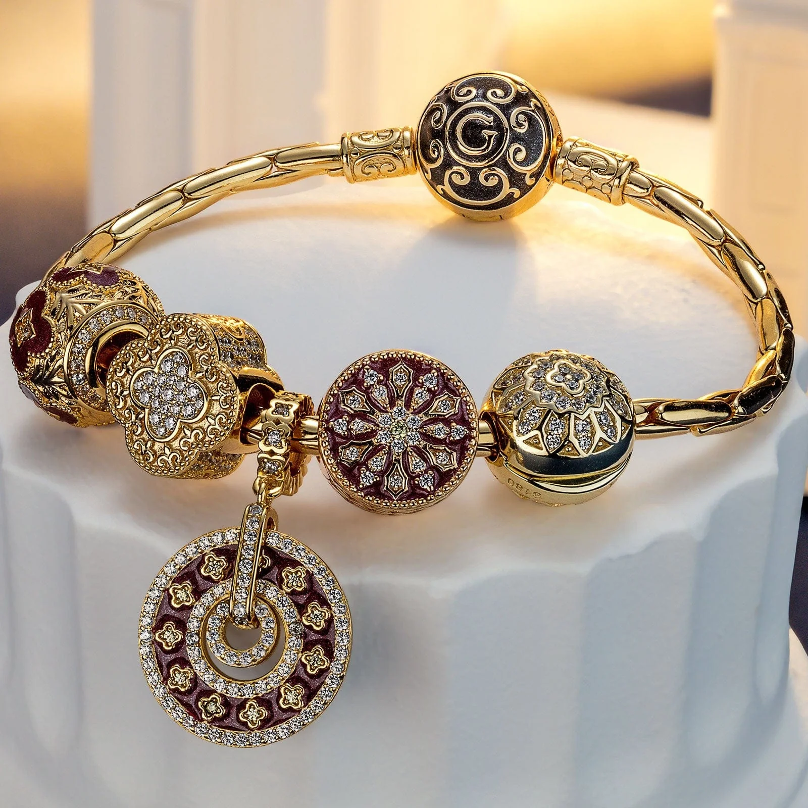 Sterling Silver Regal and Luxurious Charms Bracelet Set With Enamel In 14K Gold Plated (Includes bracelet and all charms shown) - Image 3