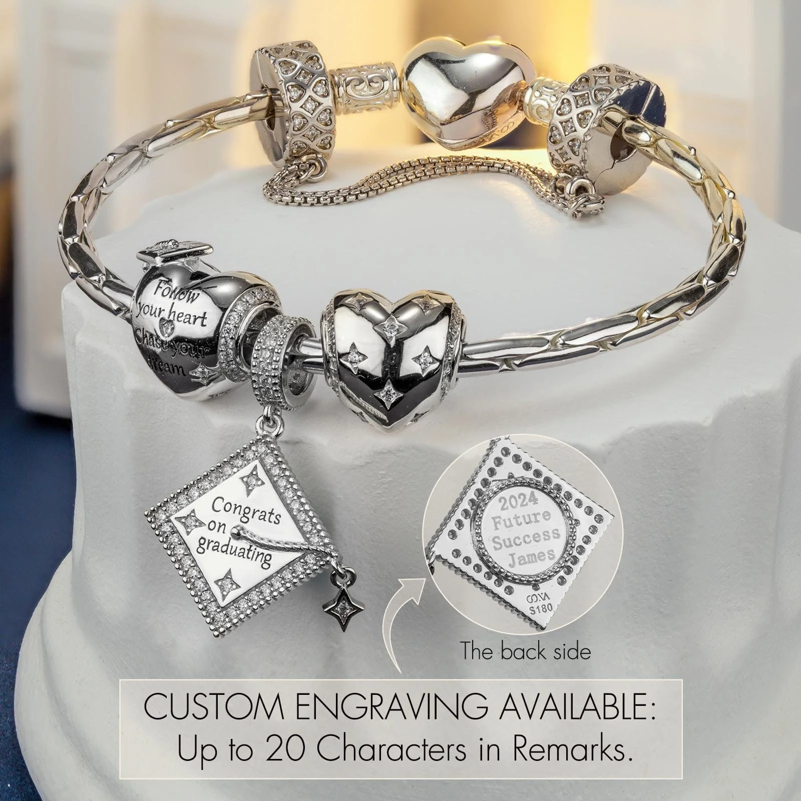 Sterling Silver Congrats on Graduating Charms Bracelet Set In White Gold Plated (Includes bracelet and all charms shown) - Image 4