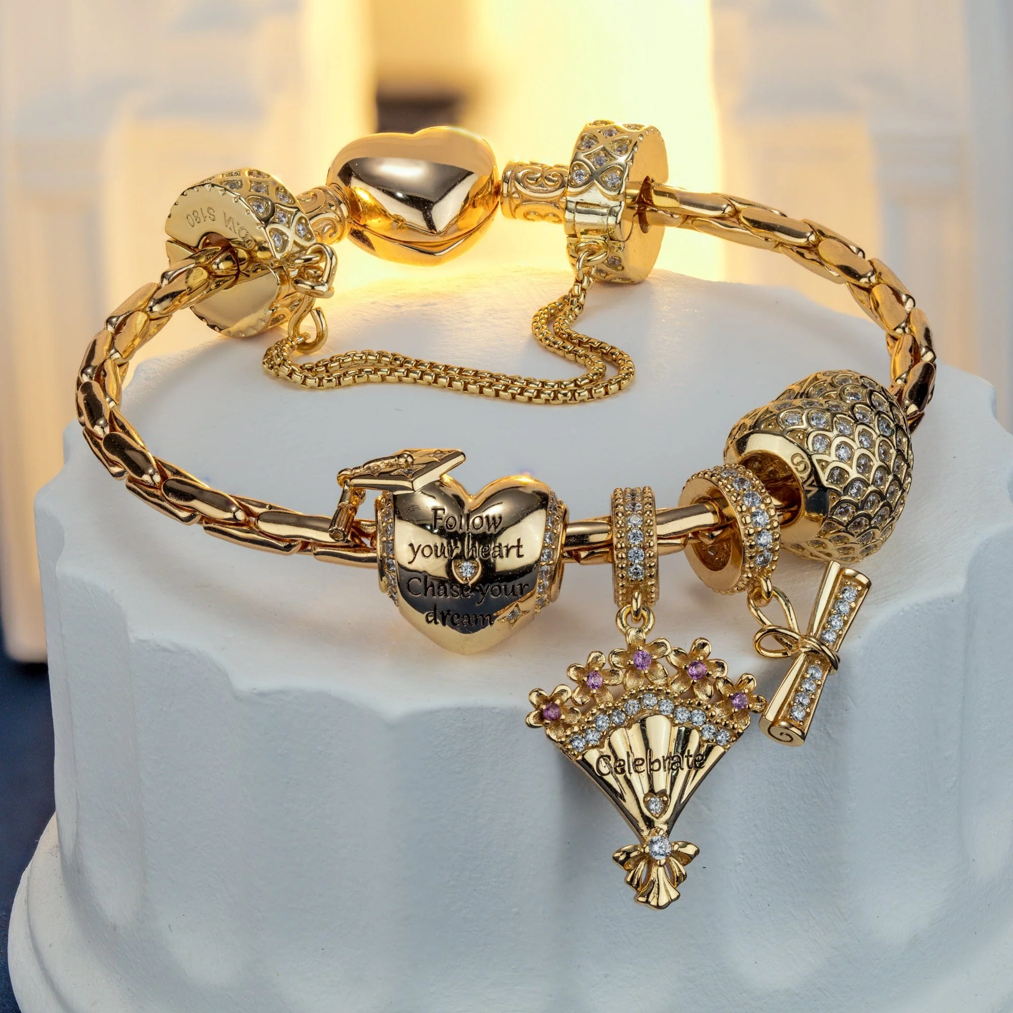 Sterling Silver Grad Flowers Charms Bracelet Set In 14K Gold Plated (Includes bracelet and all charms shown) - Image 4