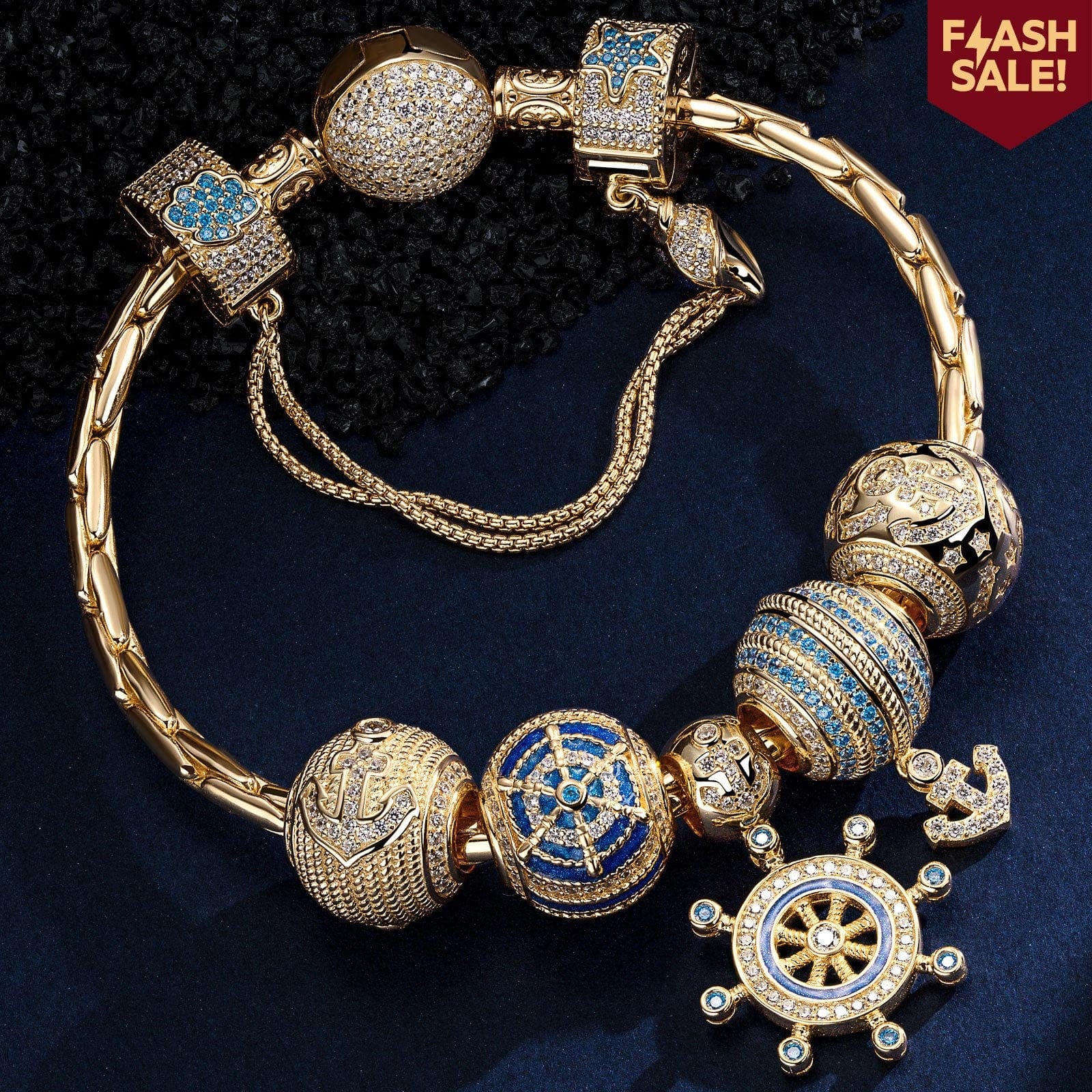 Sterling Silver Anchor of Wisdom Charms Bracelet Set With Enamel In 14K Gold Plated (Includes bracelet and all charms shown)