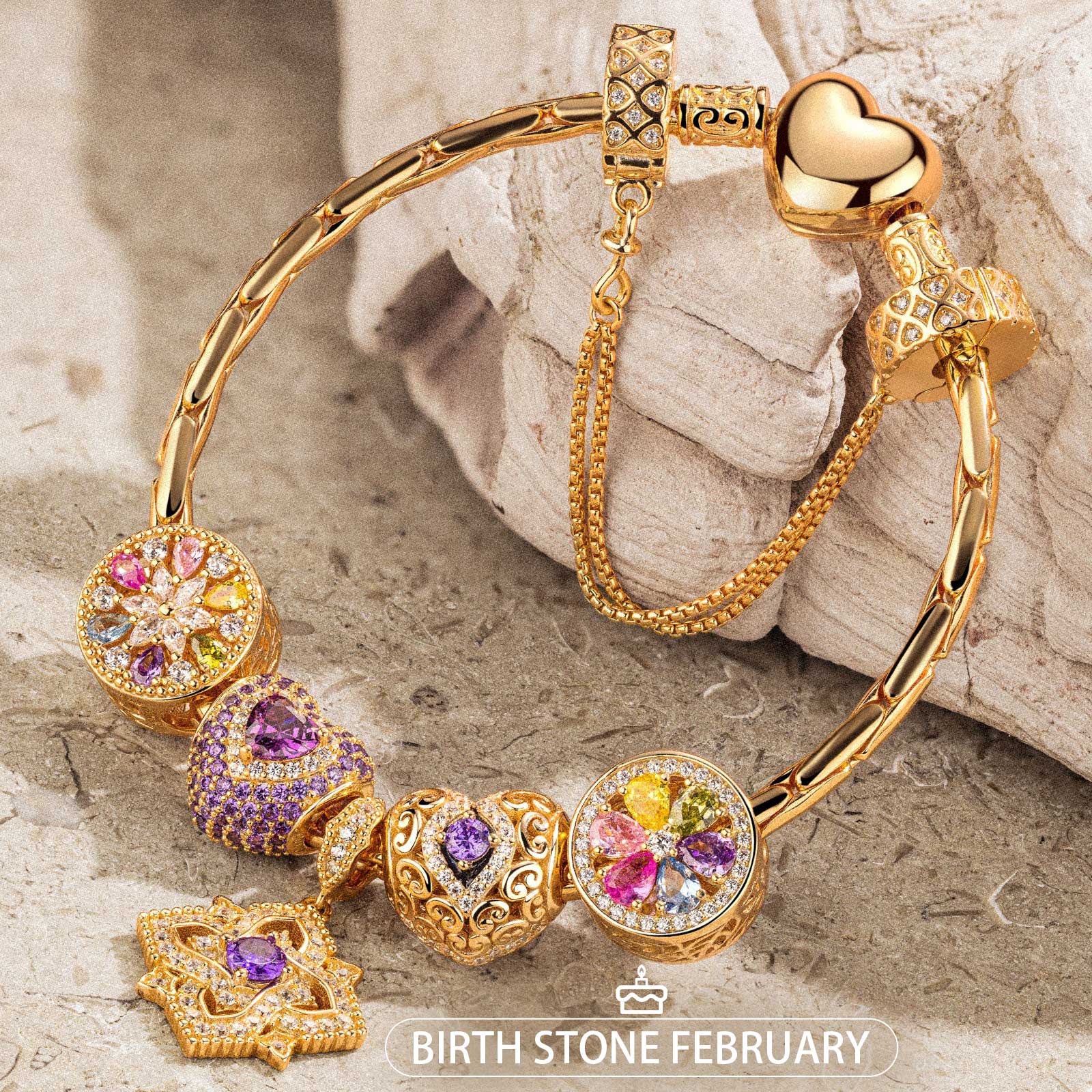 Sterling Silver Amour and Blossom Birthstone Charms Bracelet Set With Enamel In 14K Gold Plated (Includes bracelet and all charms shown) - Image 2