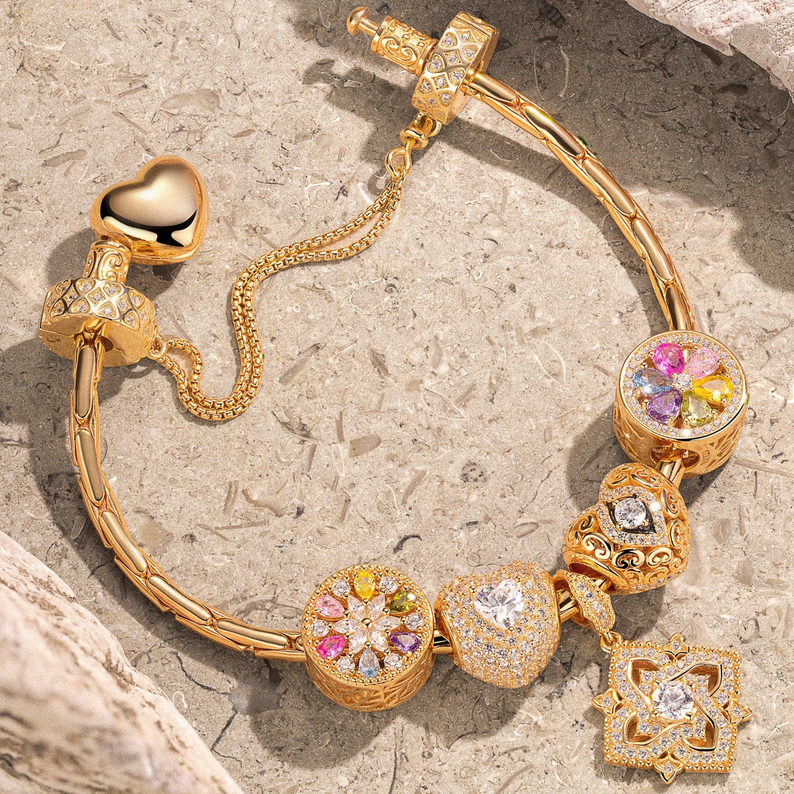 Sterling Silver Amour and Blossom Birthstone Charms Bracelet Set With Enamel In 14K Gold Plated (Includes bracelet and all charms shown) - Image 3