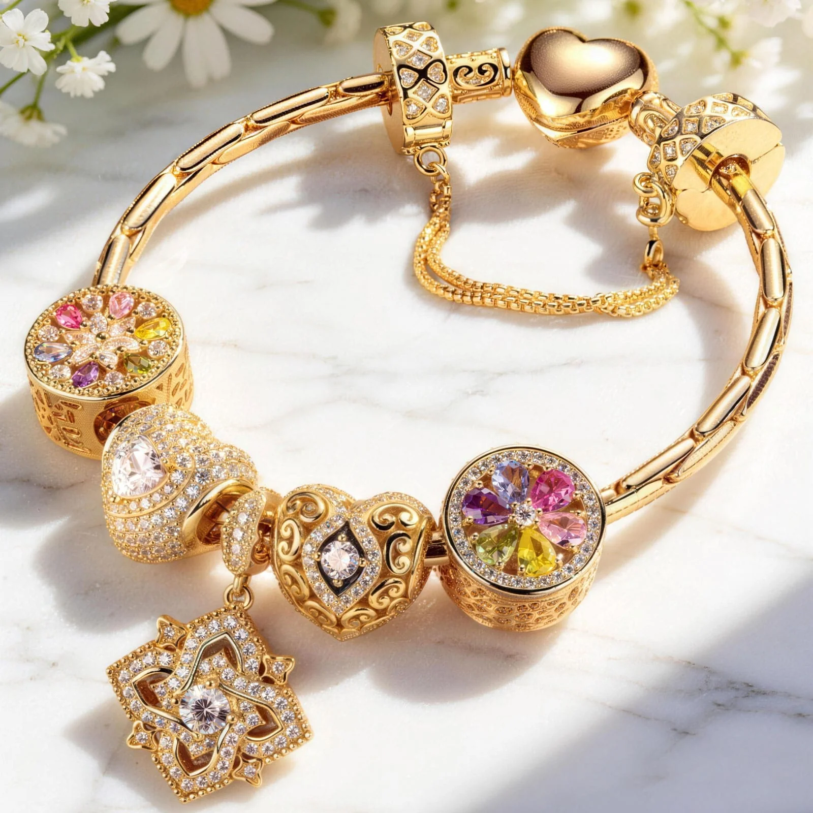 Sterling Silver Amour and Blossom Birthstone Charms Bracelet Set With Enamel In 14K Gold Plated (Includes bracelet and all charms shown) - Image 4