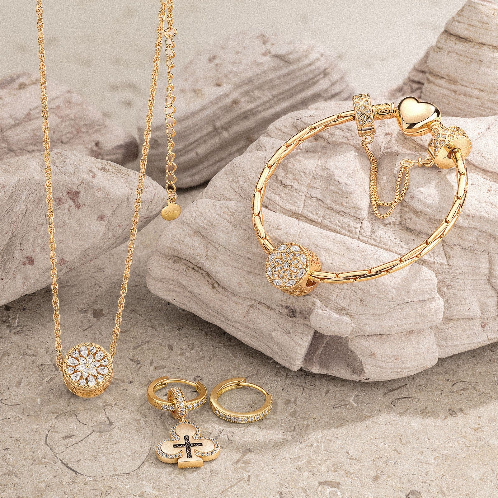 Sterling Silver Luxurious Splendor Charms Bracelet and Necklace and Earrings Set In 14K Gold Plated - Image 2