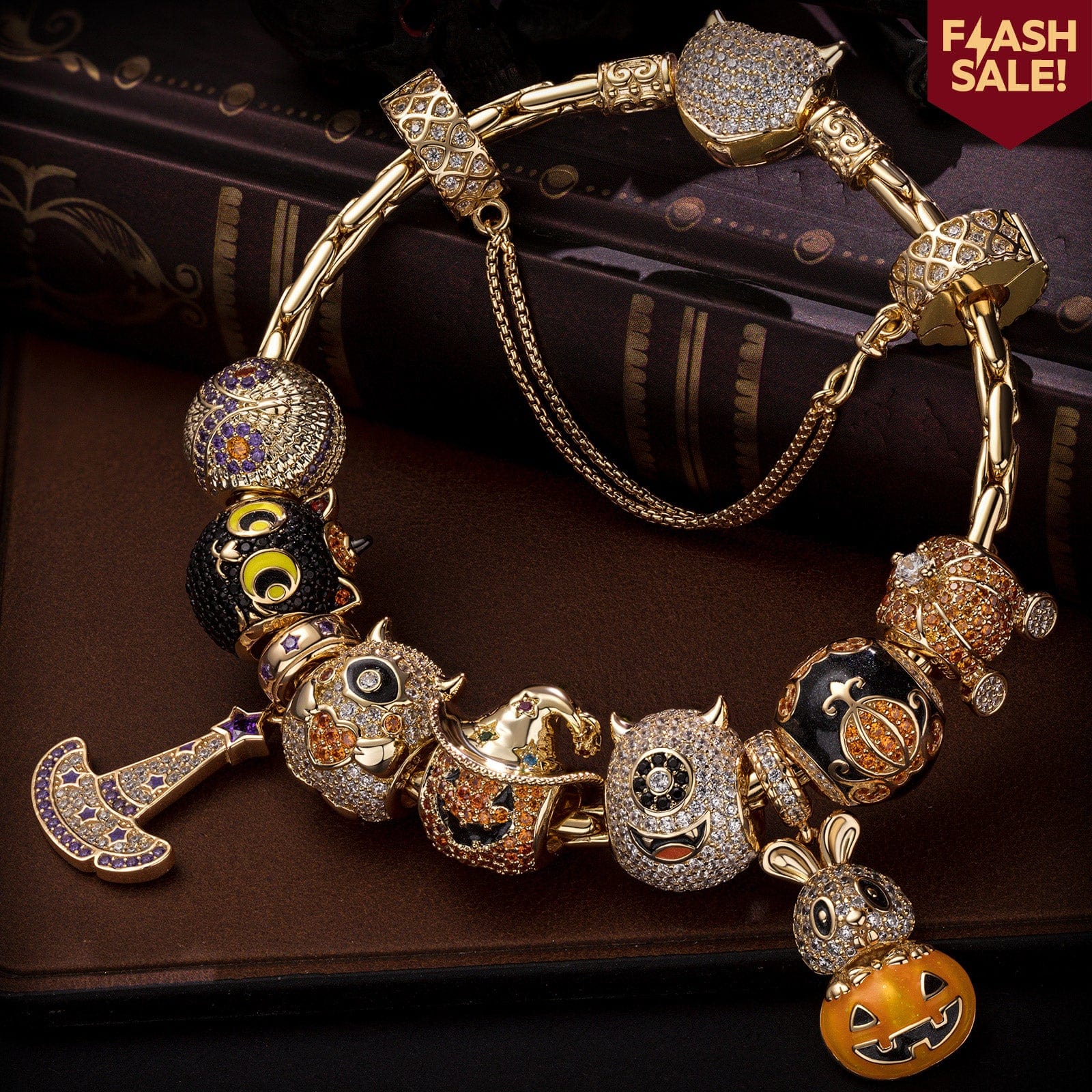 Sterling Silver The Monsters' Revelry Charms Bracelet Set With Enamel In 14K Gold Plated (Includes bracelet and all charms shown)
