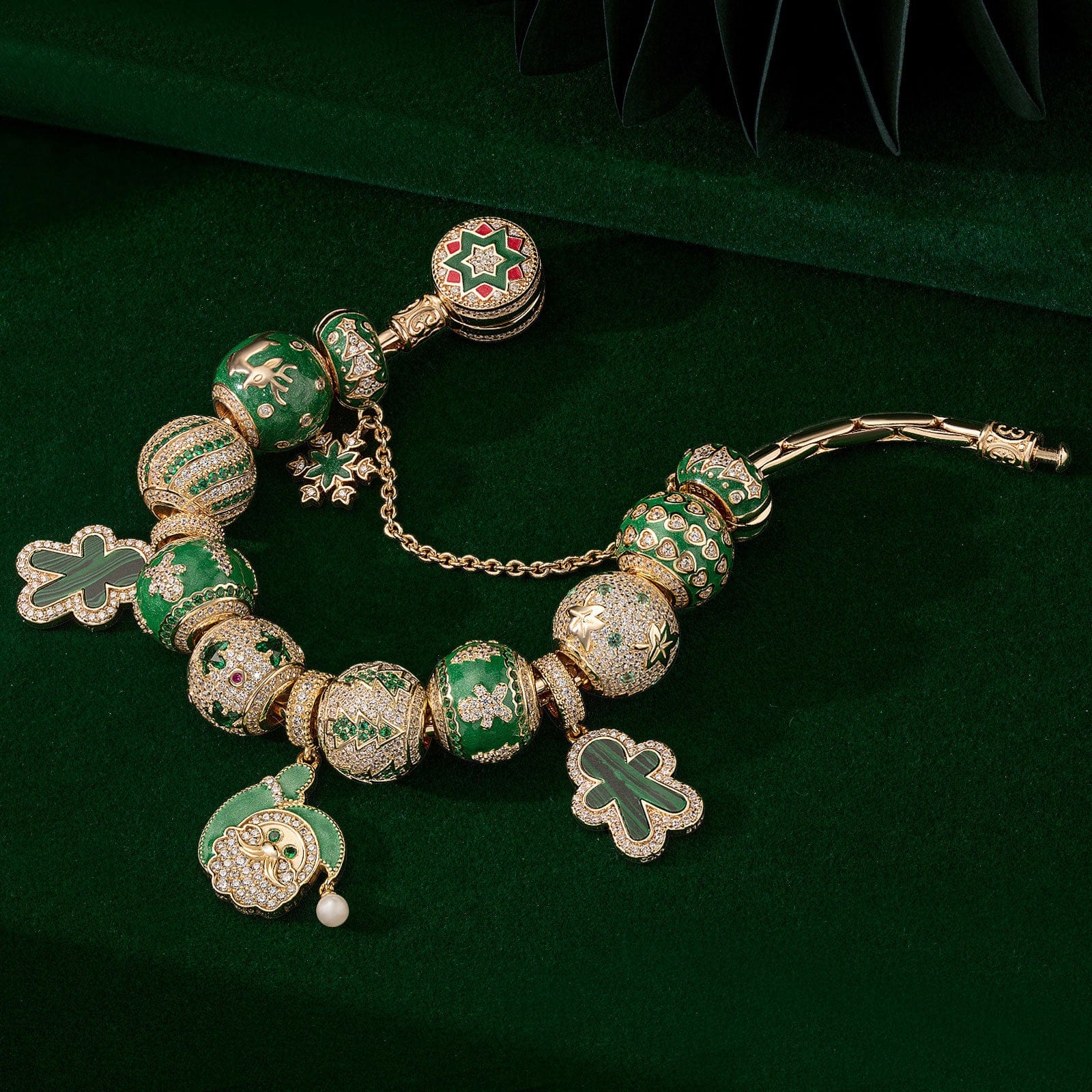 Christmas Sale Limited Special - Sterling Silver Merry Evergreen Charms Bracelet Set With Enamel In 14K Gold Plated (Includes bracelet and all charms shown) - Image 3