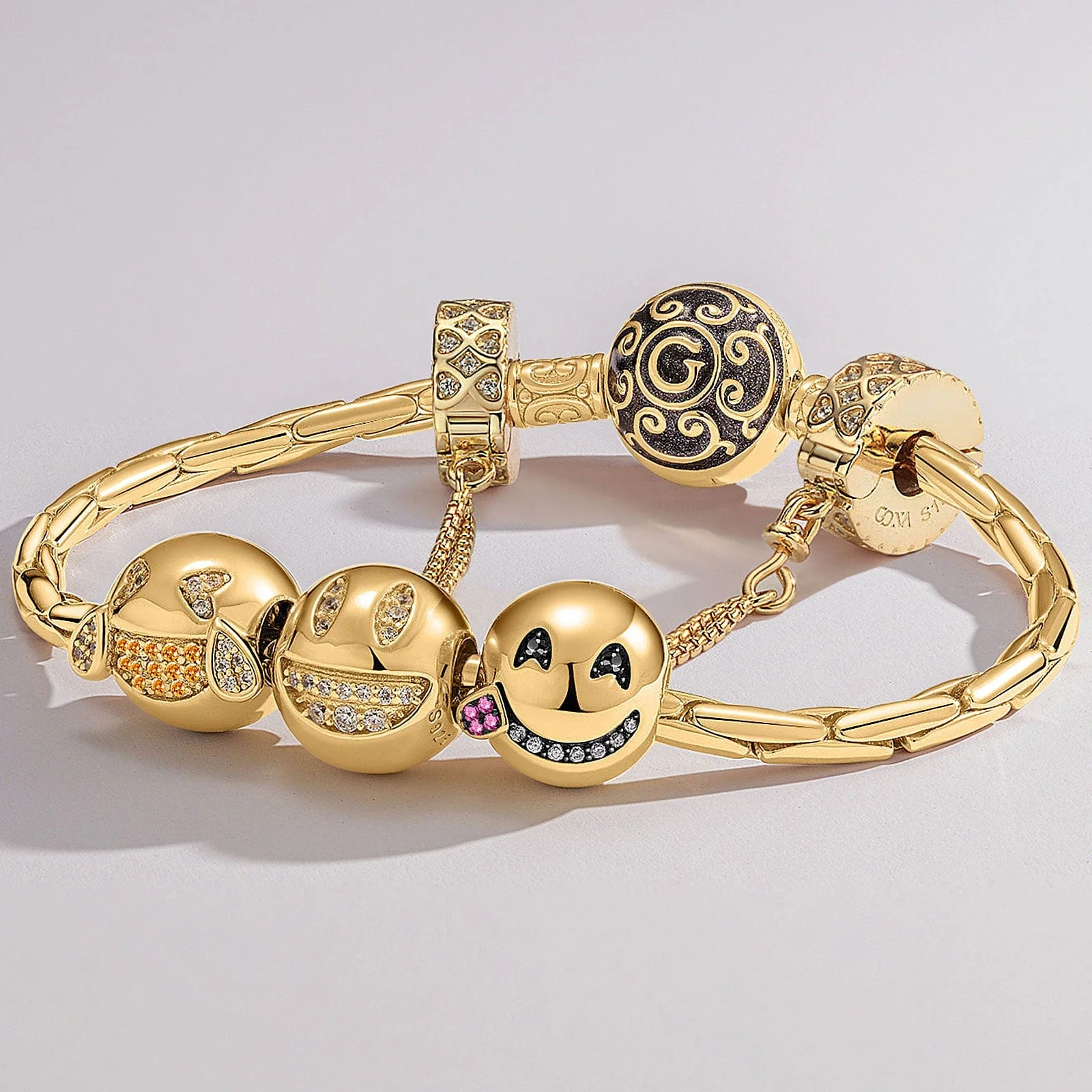 Sterling Silver Humorous Emojis Charms Bracelet Set With Enamel In 14K Gold Plated (Includes bracelet and all charms shown)