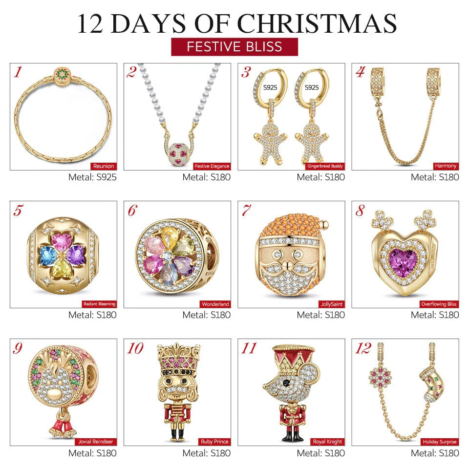 Limited Edition - The Iconic Advent Calendar - 12 Days Of Christmas Fine Jewelry Gift Set: Sterling Silver Festive Hearts Charms Earrings and Necklace and Bracelet Set With Enamel In 14K Gold Plated - Image 3