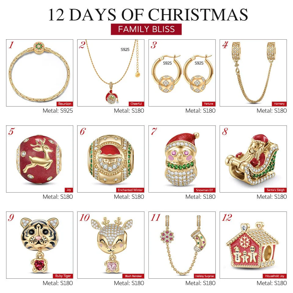 Limited Edition - The Iconic Advent Calendar - 12 Days Of Christmas Fine Jewelry Gift Set: Sterling Silver Santa's Sleigh Charms Earrings and Necklace and Bracelet Set With Enamel In 14K Gold Plated - Image 3