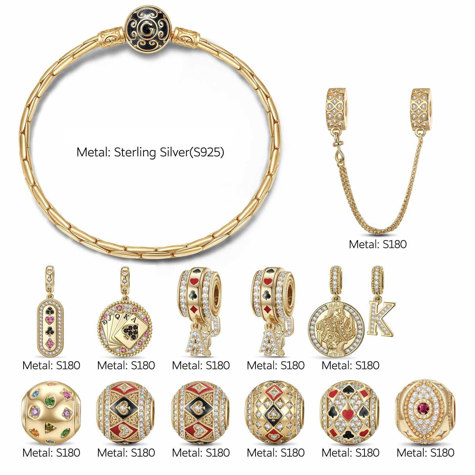 Sterling Silver Destiny's Card Charms Bracelet Set With Enamel In 14K Gold Plated (Includes bracelet and all charms shown) - Image 2
