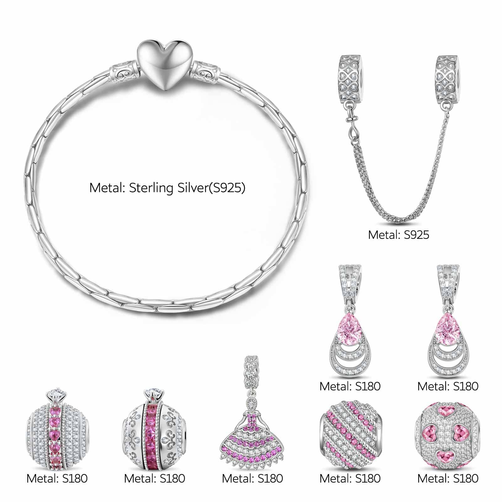 Sterling Silver Pink Petal Princess Charms Bracelet Set In White Gold Plated (Includes bracelet and all charms shown) - Image 2