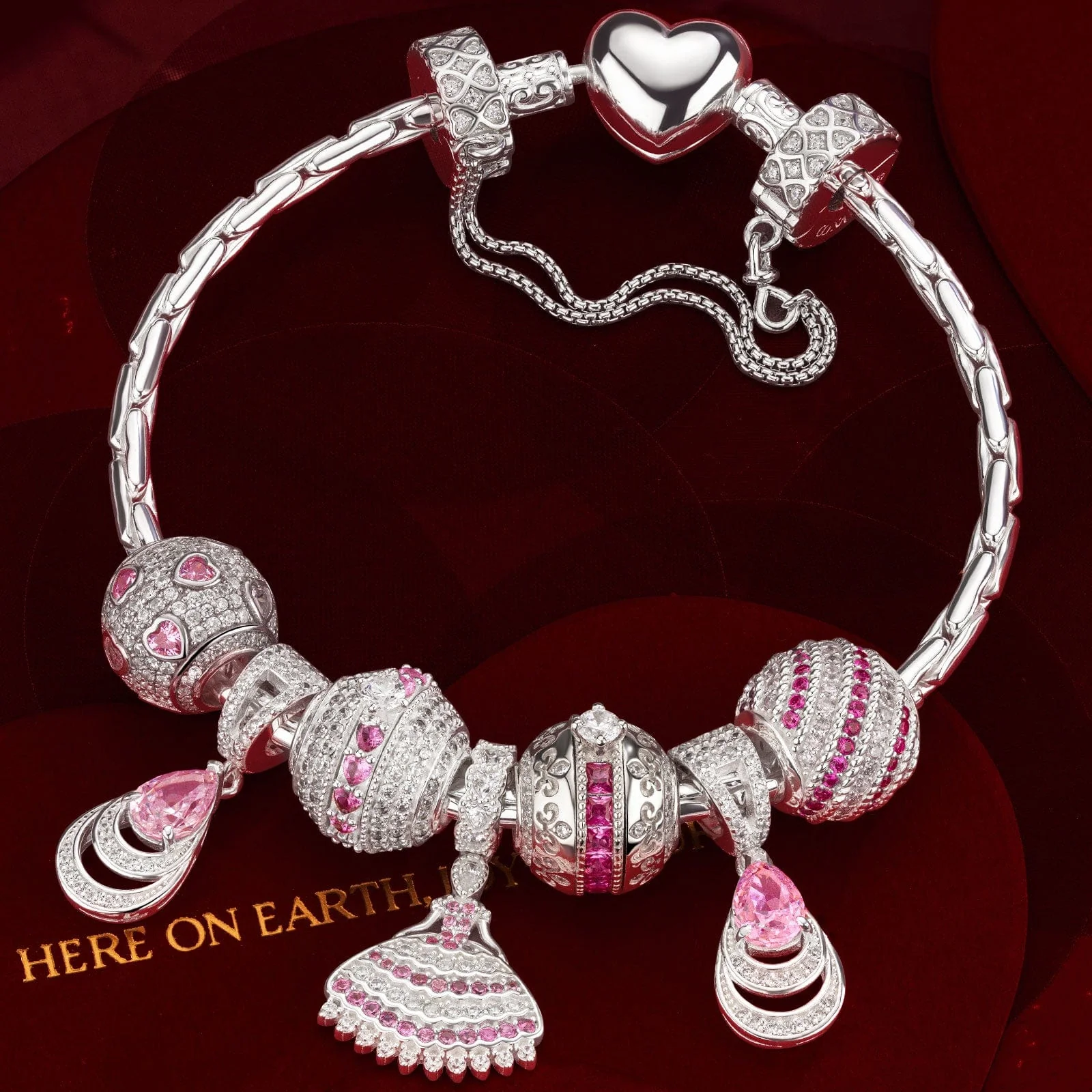 Sterling Silver Pink Petal Princess Charms Bracelet Set In White Gold Plated (Includes bracelet and all charms shown) - Image 3