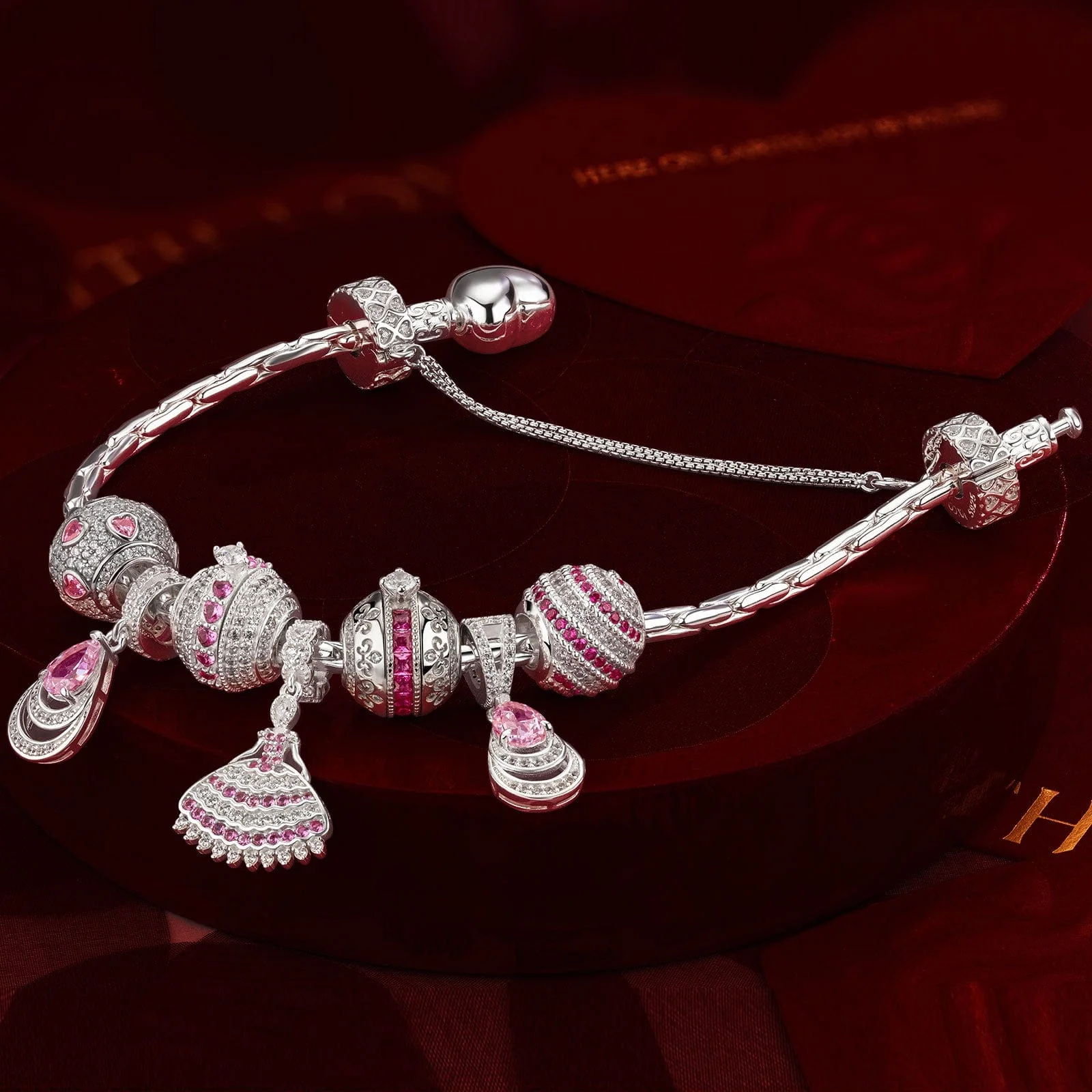 Sterling Silver Pink Petal Princess Charms Bracelet Set In White Gold Plated (Includes bracelet and all charms shown) - Image 4
