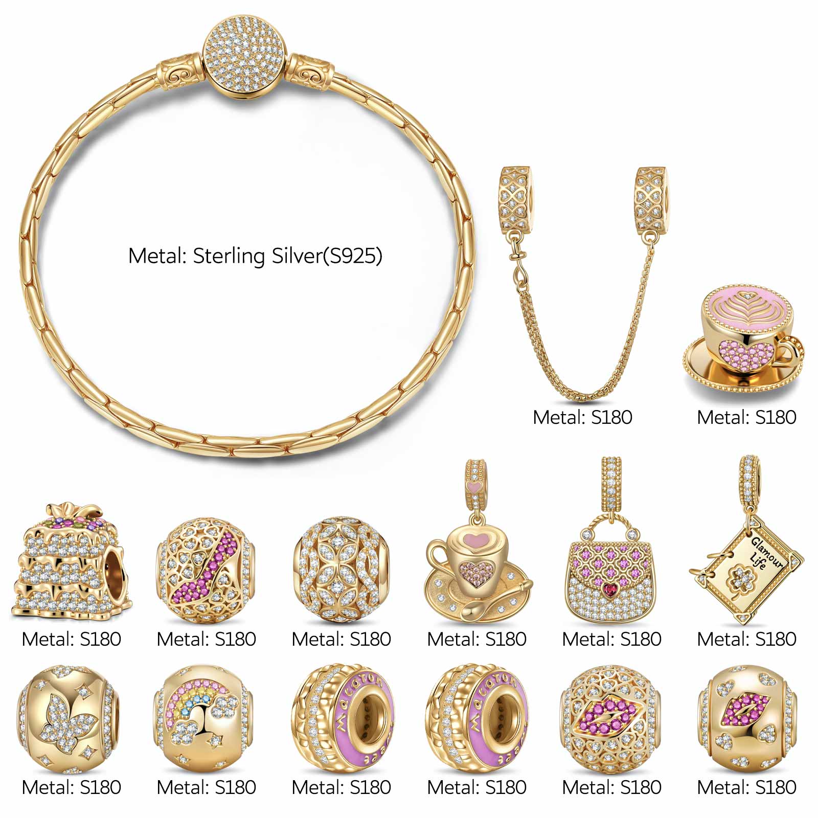 Sterling Silver Elegant Bliss Charms Bracelet Set With Enamel In 14K Gold Plated (Includes bracelet and all charms shown) - Image 2