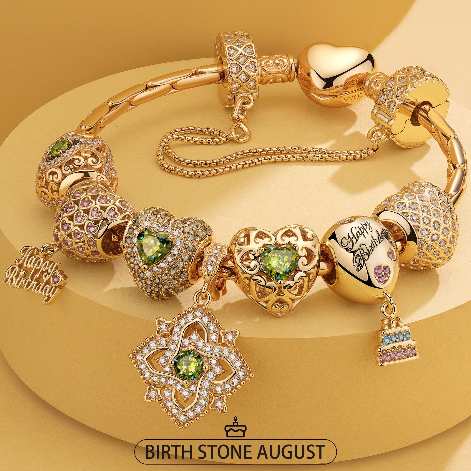 Sterling Silver Green Freshness: August Peridot Charms Bracelet Set In 14K Gold Plated (Includes bracelet and all charms shown)