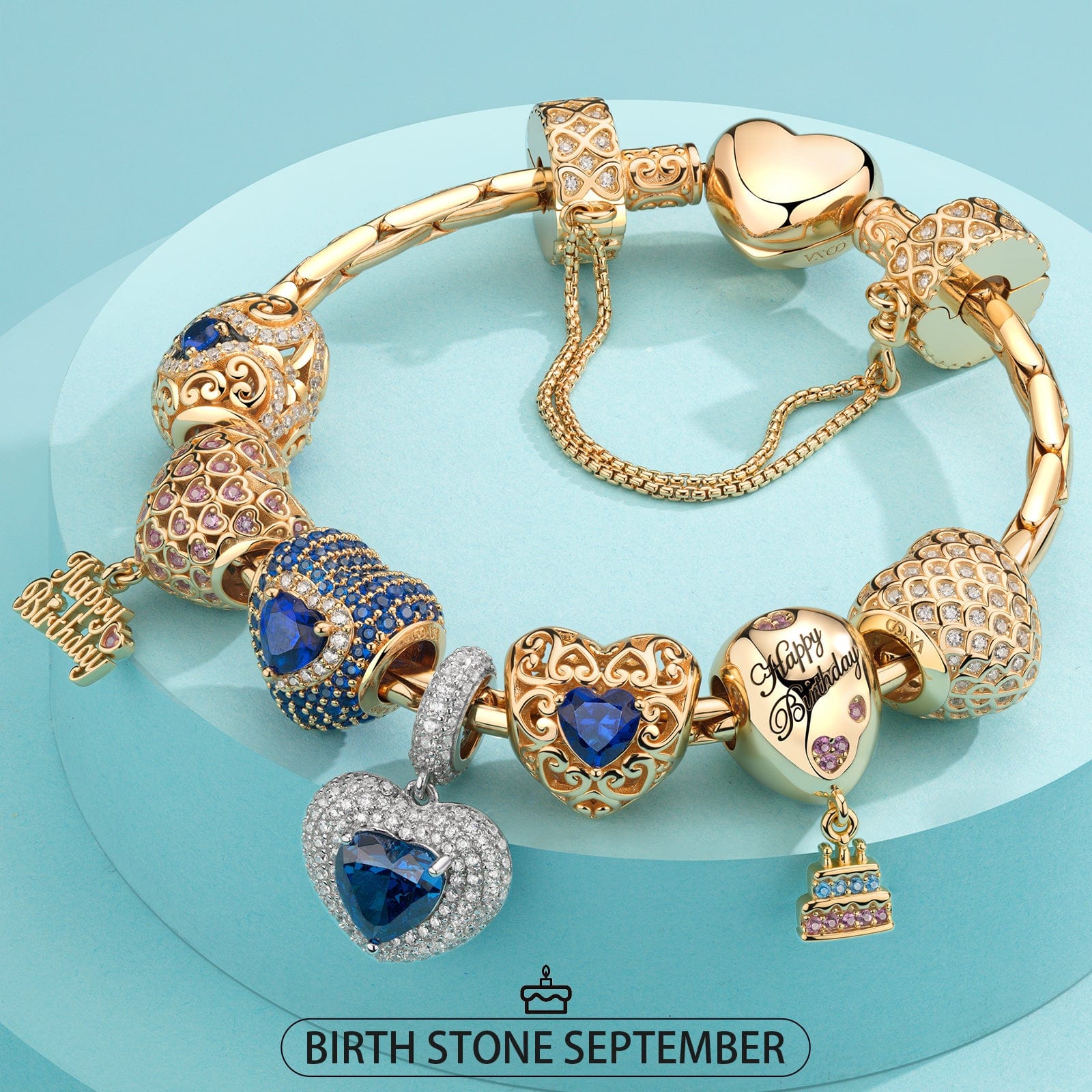 Sterling Silver Profound Insight: September Sapphire Charms Bracelet Set In 14K Gold Plated (Includes bracelet and all charms shown)