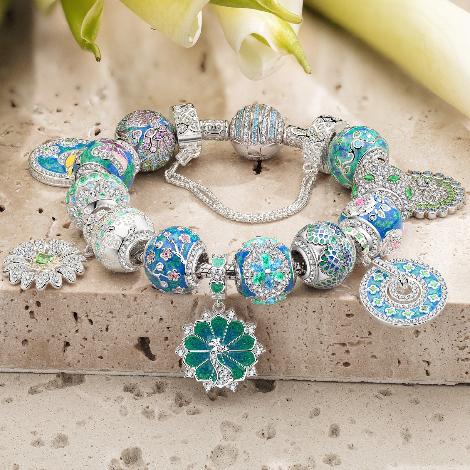 Sterling Silver Floral Wonder Charms Bracelet Set In White Gold Plated (Includes bracelet and all charms shown) - Image 3
