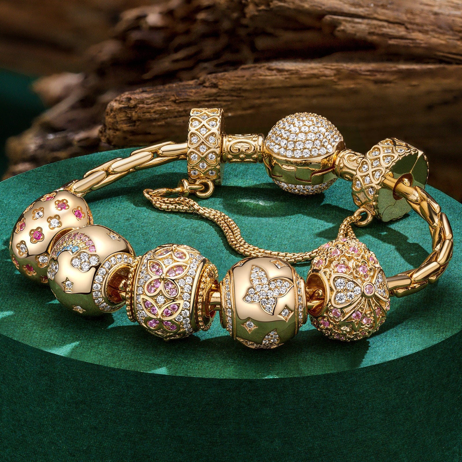 Sterling Silver Celestial Butterfly Bliss Easter Eggs Charms Bracelet Set In 14K Gold Plated (Includes bracelet and all charms shown)
