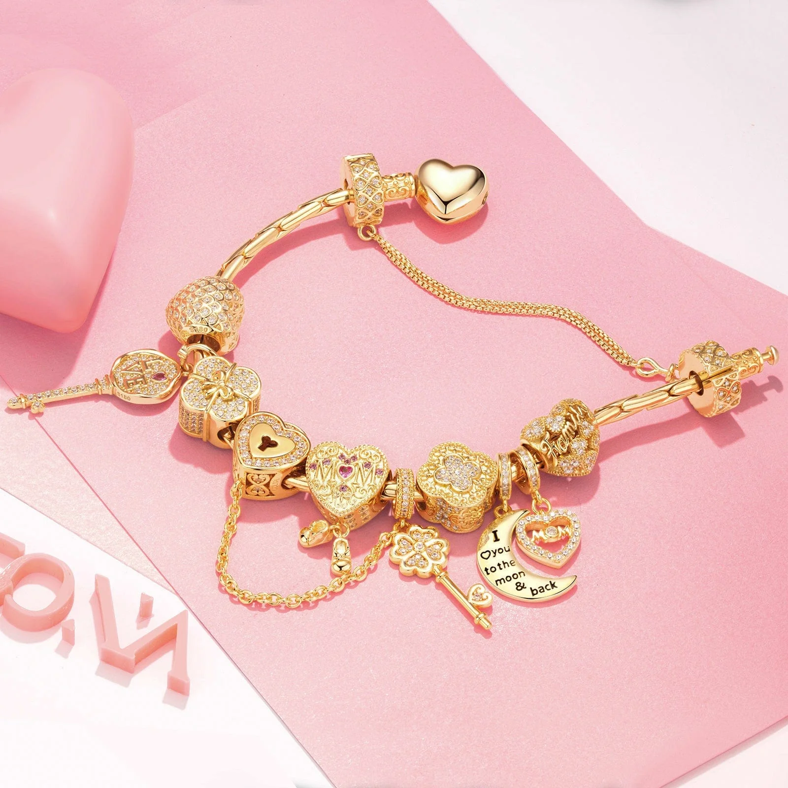 Sterling Silver Key to Unwavering Love Charms Bracelet Set In 14K Gold Plated (Includes bracelet and all charms shown) - Image 3