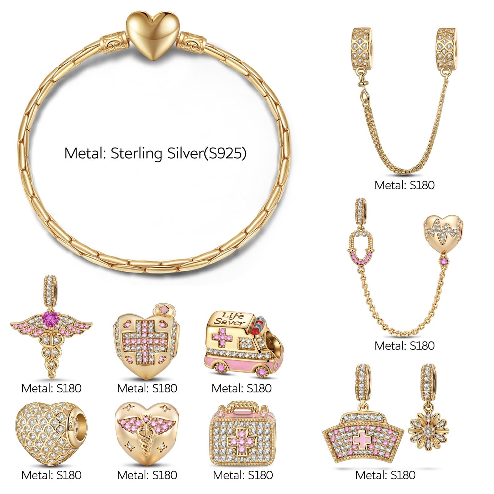 Sterling Silver Nurse's Pride Charms Bracelet Set With Enamel In 14K Gold Plated (Includes bracelet and all charms shown) - Image 2