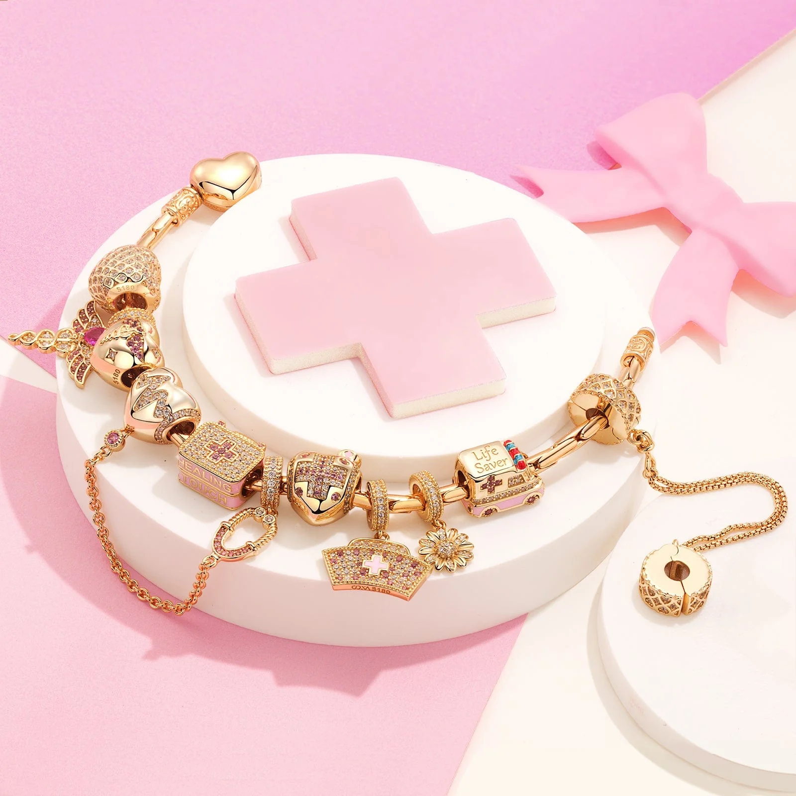 Sterling Silver Nurse's Pride Charms Bracelet Set With Enamel In 14K Gold Plated (Includes bracelet and all charms shown) - Image 3