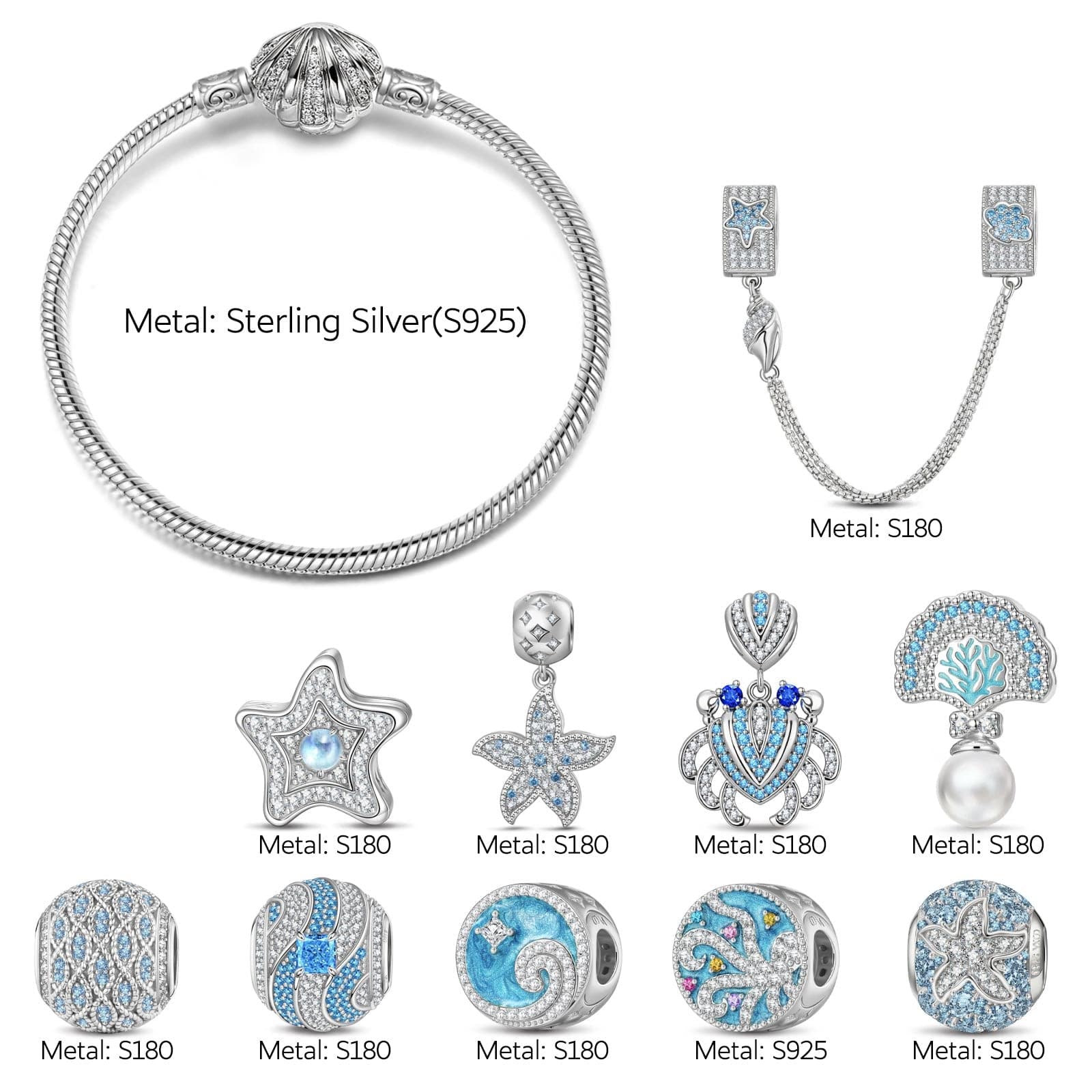Sterling Silver Tidal Treasures Charms Bracelet Set In White Gold Plated (Includes bracelet and all charms shown) - Image 2