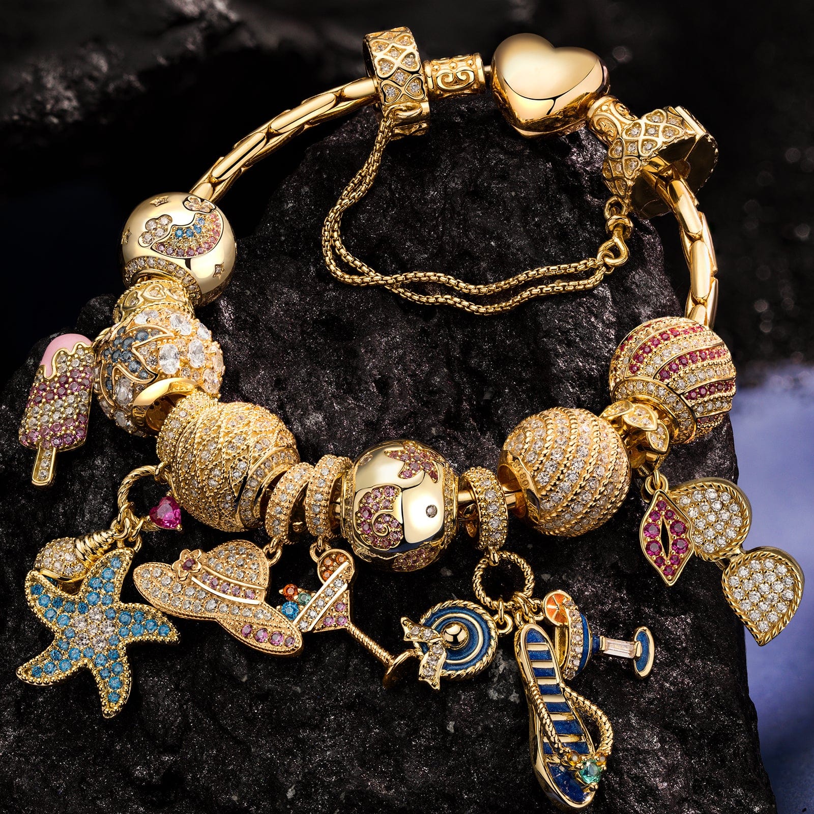 Sterling Silver Beachside Glamour Charms Bracelet Set In 14K Gold Plated (Includes bracelet and all charms shown)