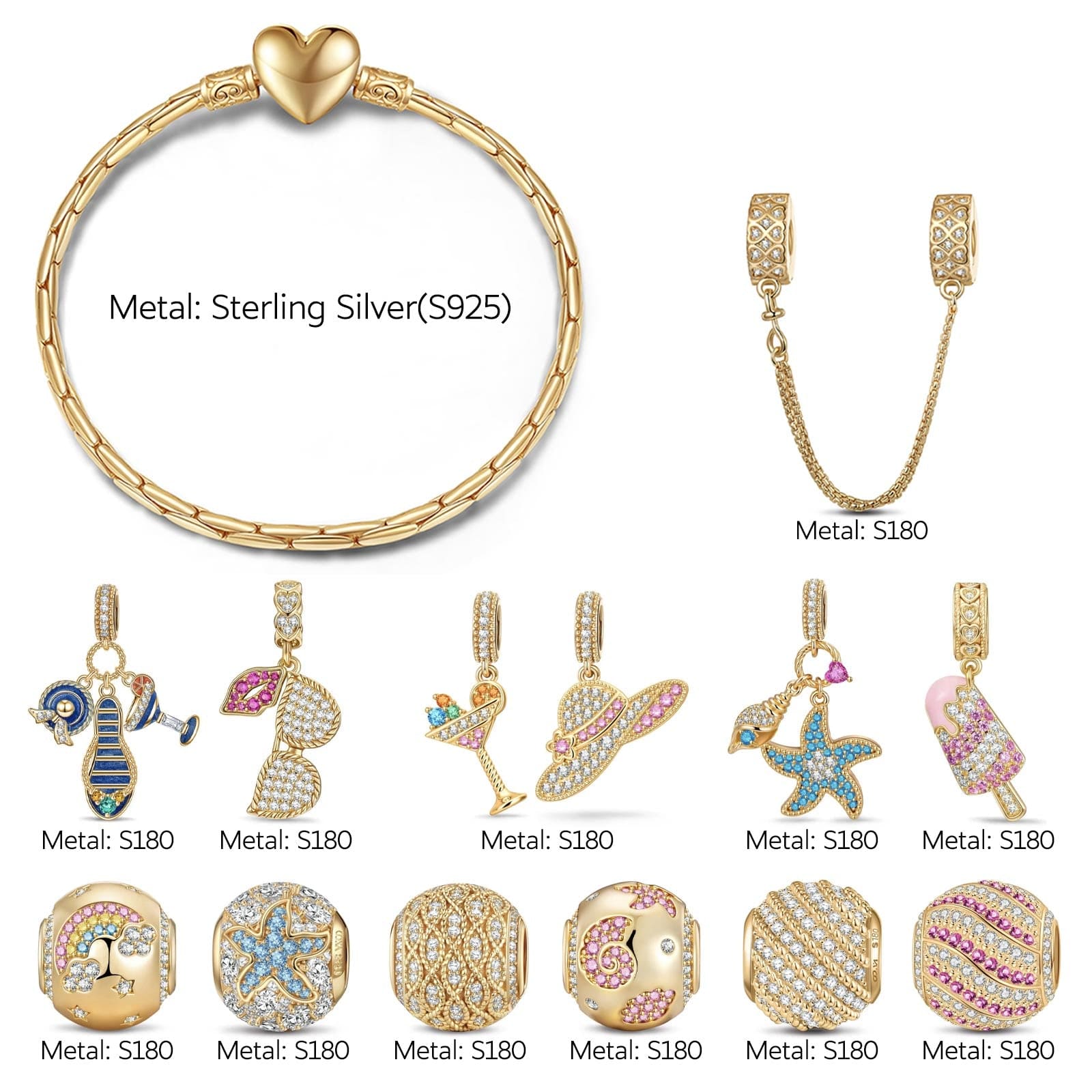 Sterling Silver Beachside Glamour Charms Bracelet Set In 14K Gold Plated (Includes bracelet and all charms shown) - Image 2