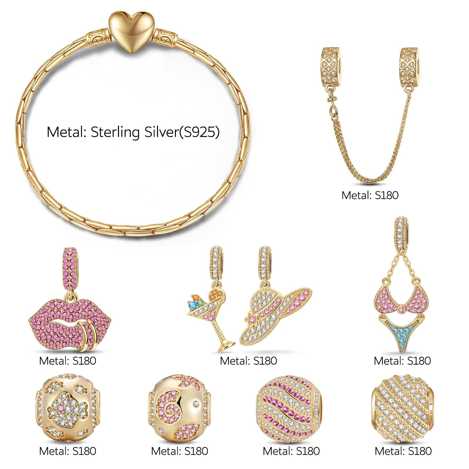 Sterling Silver Seaside Chic Charms Bracelet Set In 14K Gold Plated (Includes bracelet and all charms shown) - Image 2
