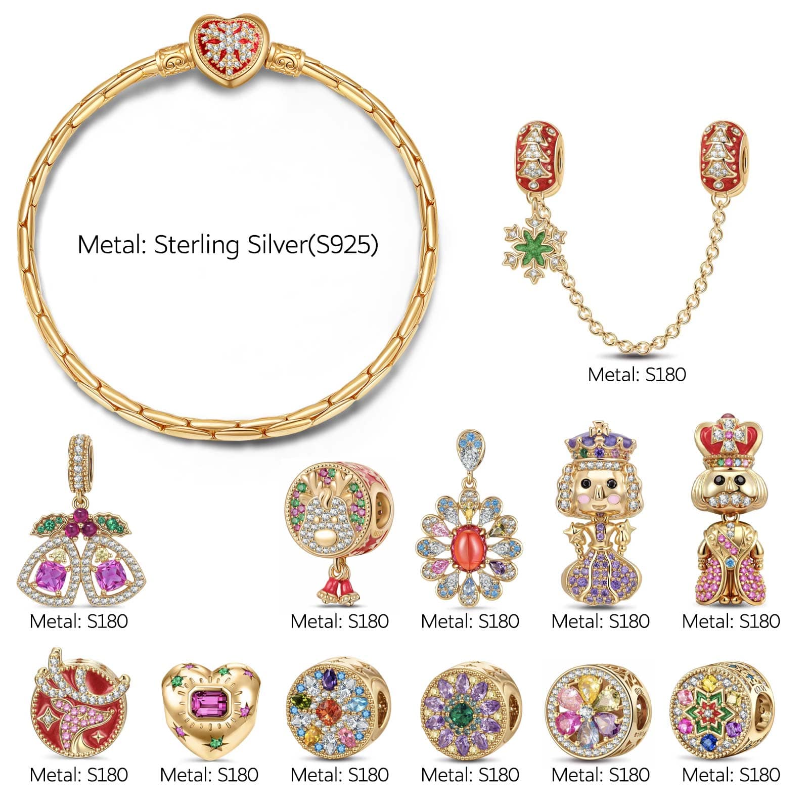 Sterling Silver Enchanted Christmas Kingdom Charms Bracelet Set With Enamel In 14K Gold Plated (Includes bracelet and all charms shown) - Image 2