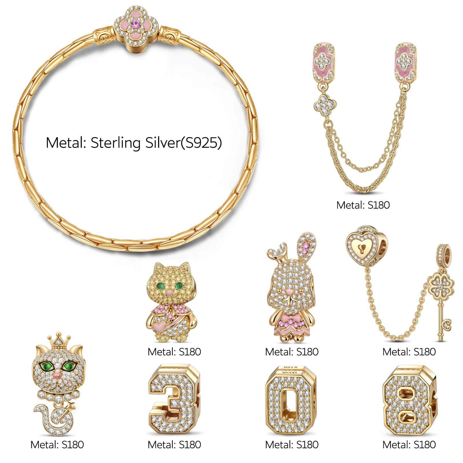 Sterling Silver Full of Love Charms Bracelet Set With Enamel In 14K Gold Plated (Includes bracelet and all charms shown. The three number charms shown can be freely selected by entering your preferred numbers in the box) - Image 4