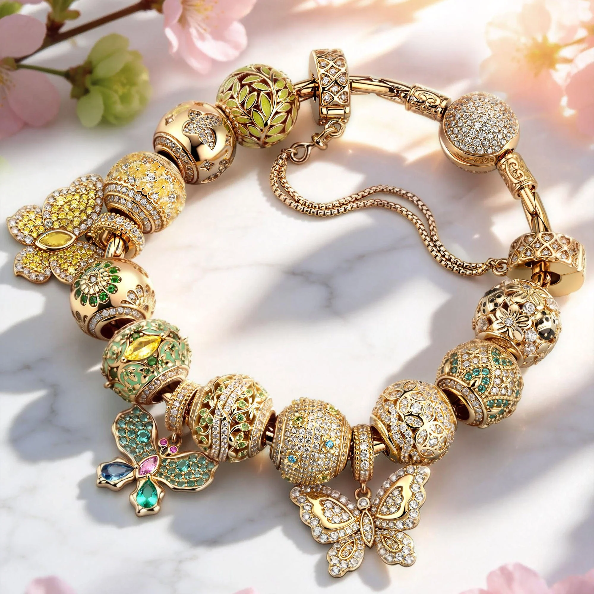 Wings of Spring Tarnish-Resistant Silver Charms Bracelet Set In 14K Gold Plated (Includes bracelet and all charms shown)