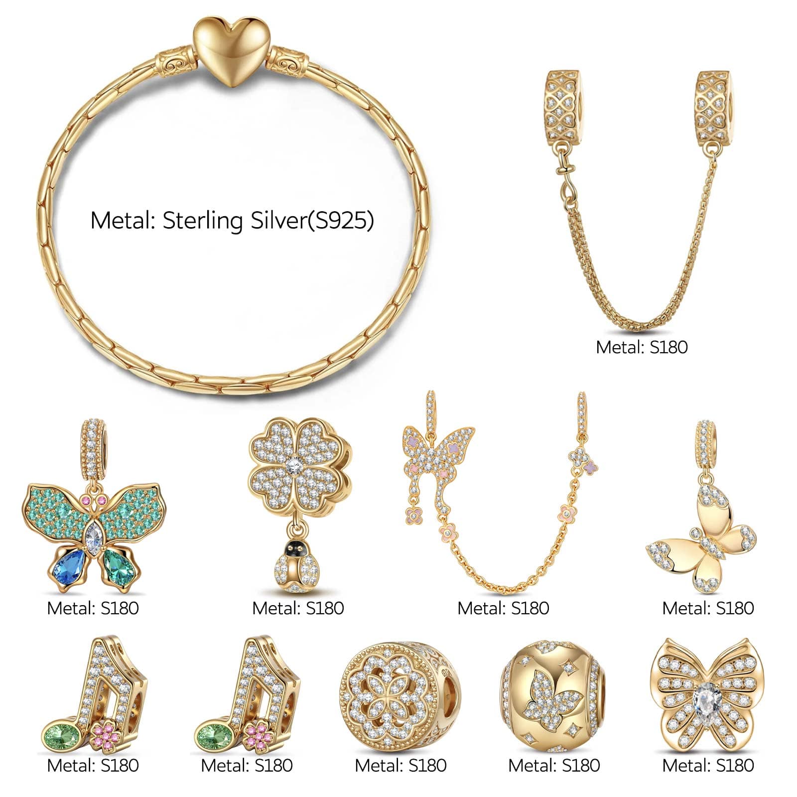 Sterling Silver Sparkling Butterfly Dance Charms Bracelet Set In 14K Gold Plated (Includes bracelet and all charms shown) - Image 5