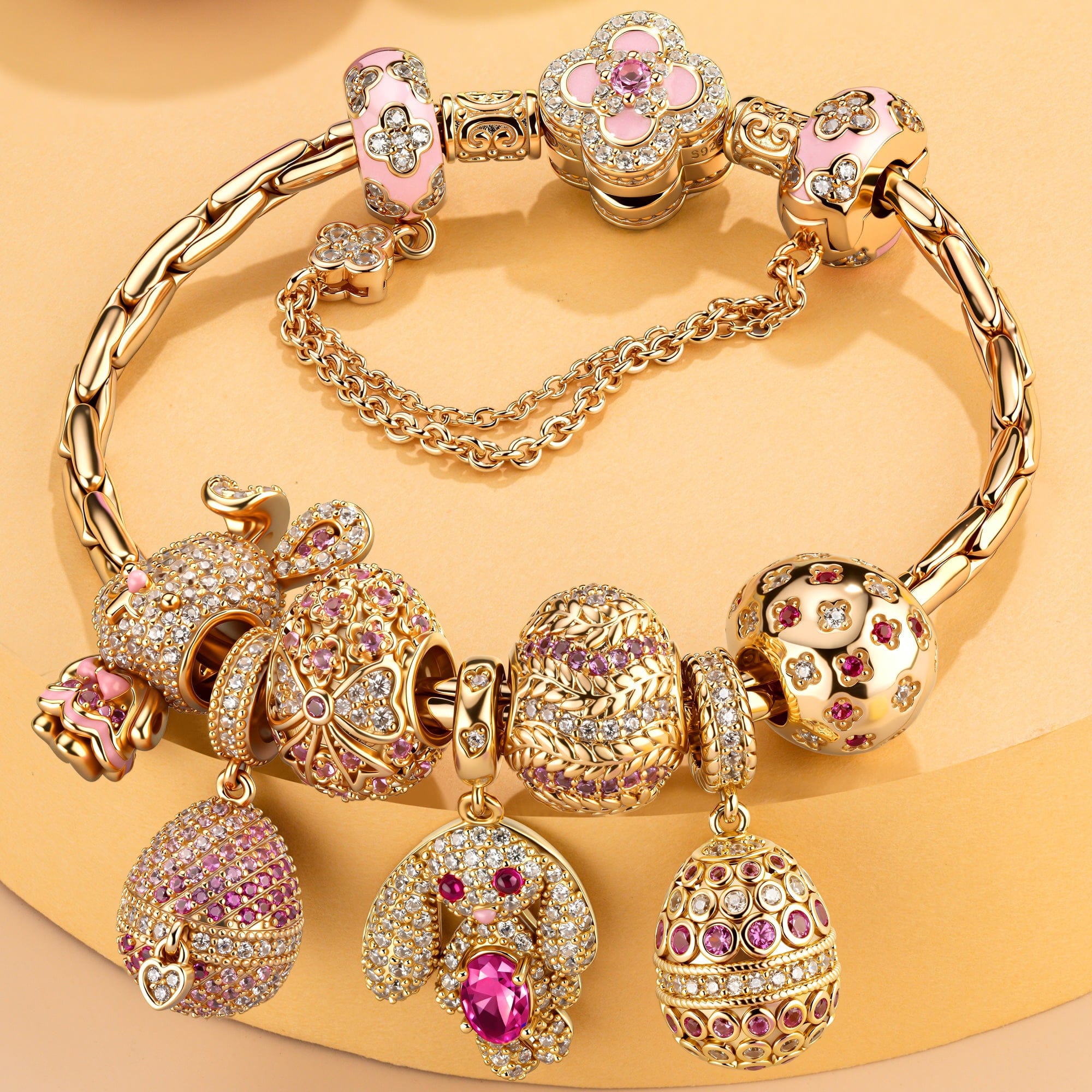 Sterling Silver Blush Spring Bunny & Easter Egg Charms Bracelet Set In 14K Gold Plated (Includes bracelet and all charms shown) - Image 3