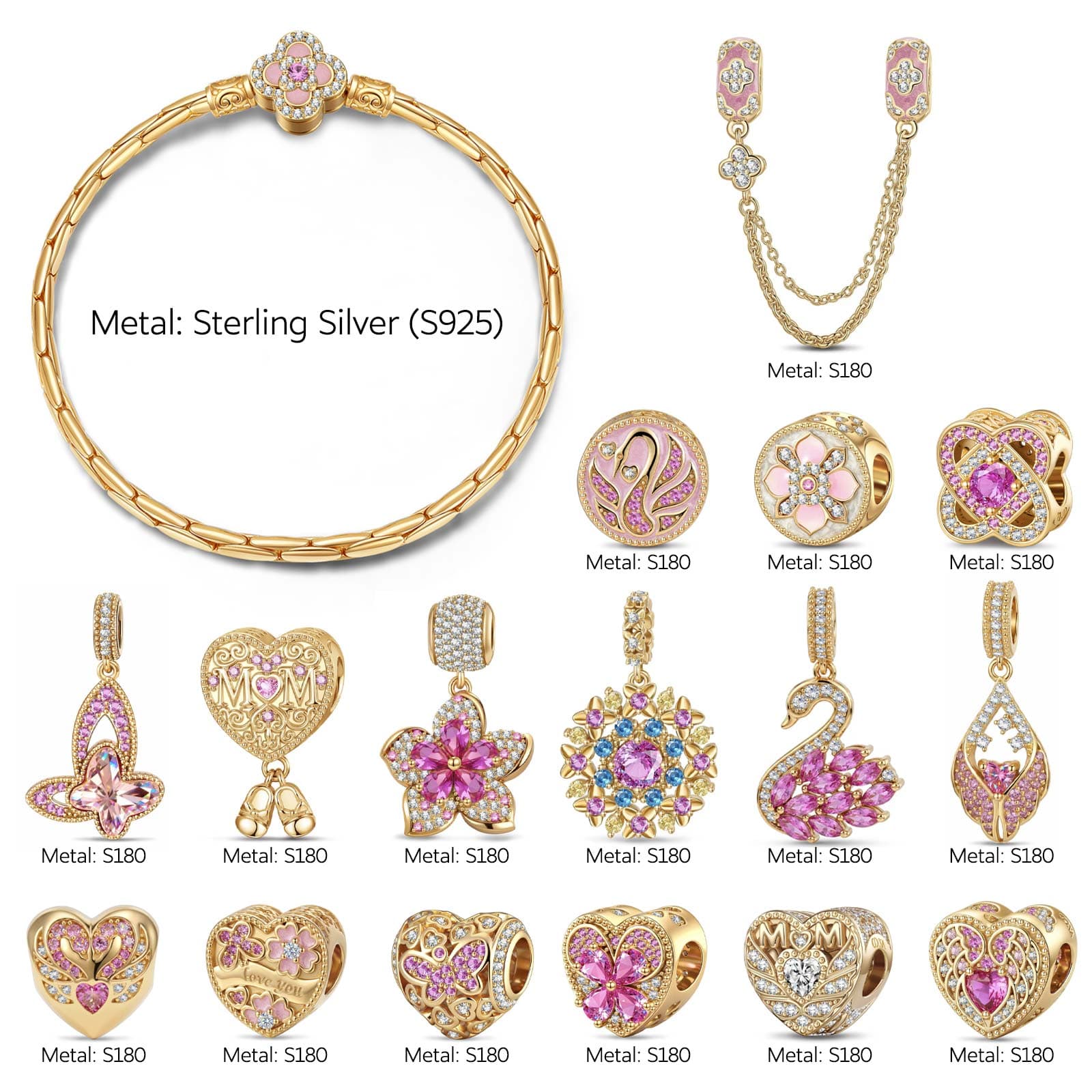 Sterling Silver Floral Mom's Devotion Charms Bracelet Set In 14K Gold Plated (Includes bracelet and all charms shown) - Image 4