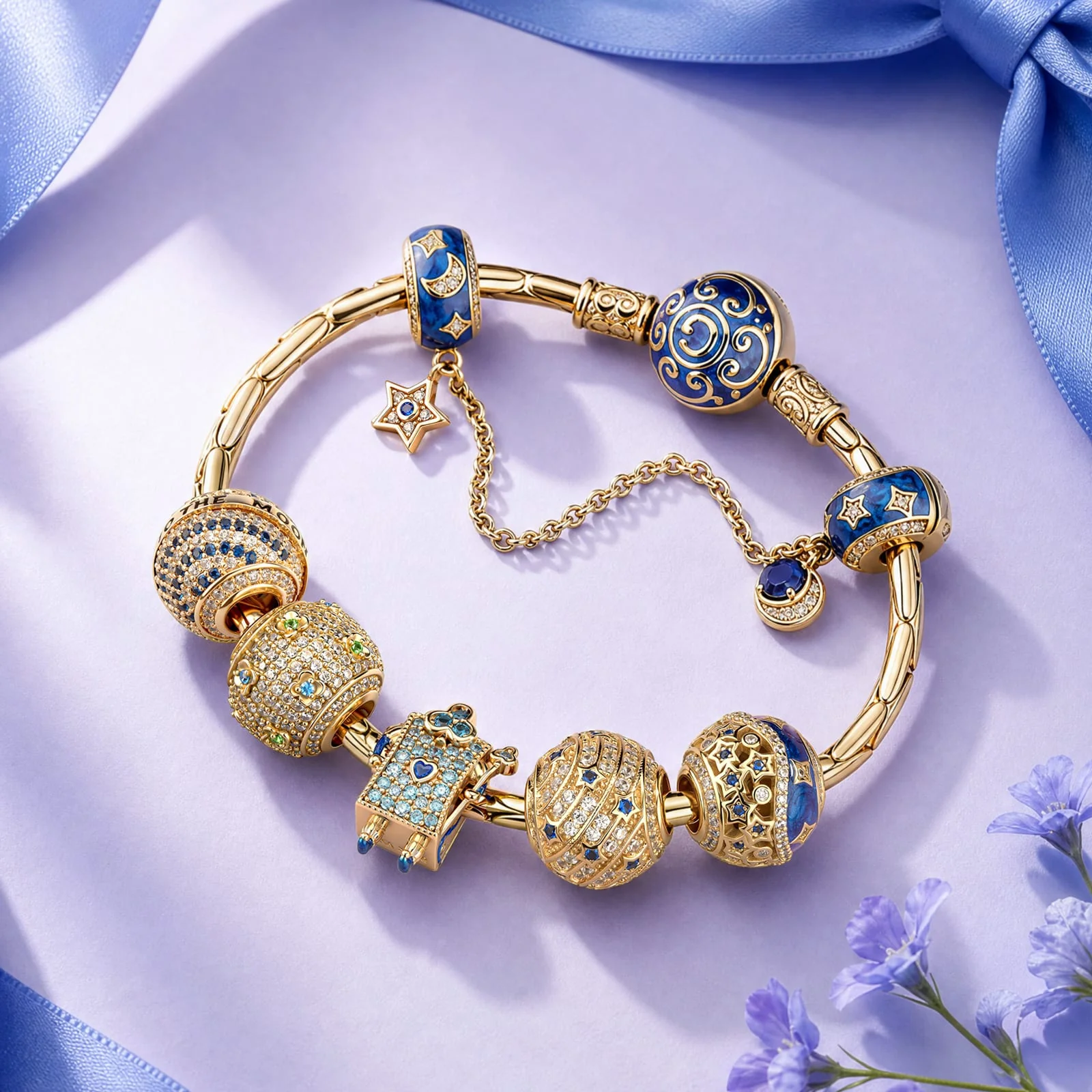 Sterling Silver Starry Night Wonderland Tale Charms Bracelet Set In 14K Gold Plated (Includes bracelet and all charms shown) - Image 2
