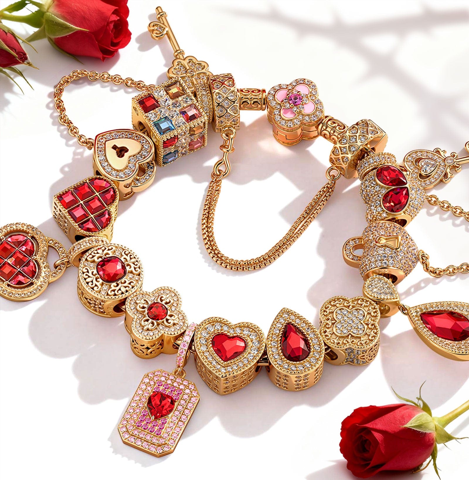 Sterling Silver Love's Symphony Charms Bracelet Set In 14K Gold Plated - Handcrafted with Swarovski® Crystals (Includes bracelet and all charms shown)