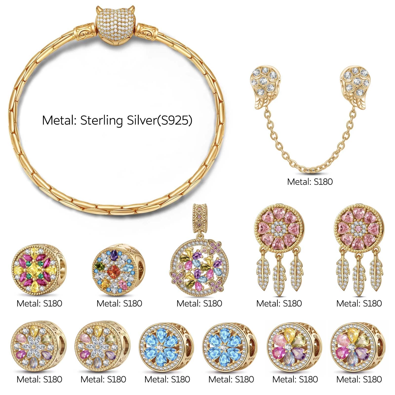 Sterling Silver Opulent Sparkle Charms Bracelet Set With Enamel In 14K Gold Plated (Includes bracelet and all charms shown) - Image 2
