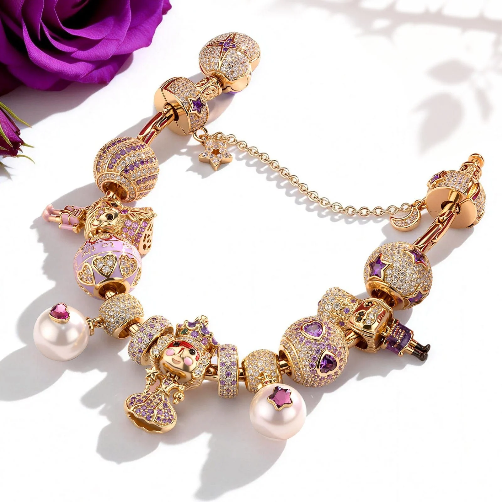 Sterling Silver Lifelong Links Charms Bracelet Set With Enamel In 14K Gold Plated - Handcrafted with Swarovski® Crystals (Includes bracelet and all charms shown) - Image 3