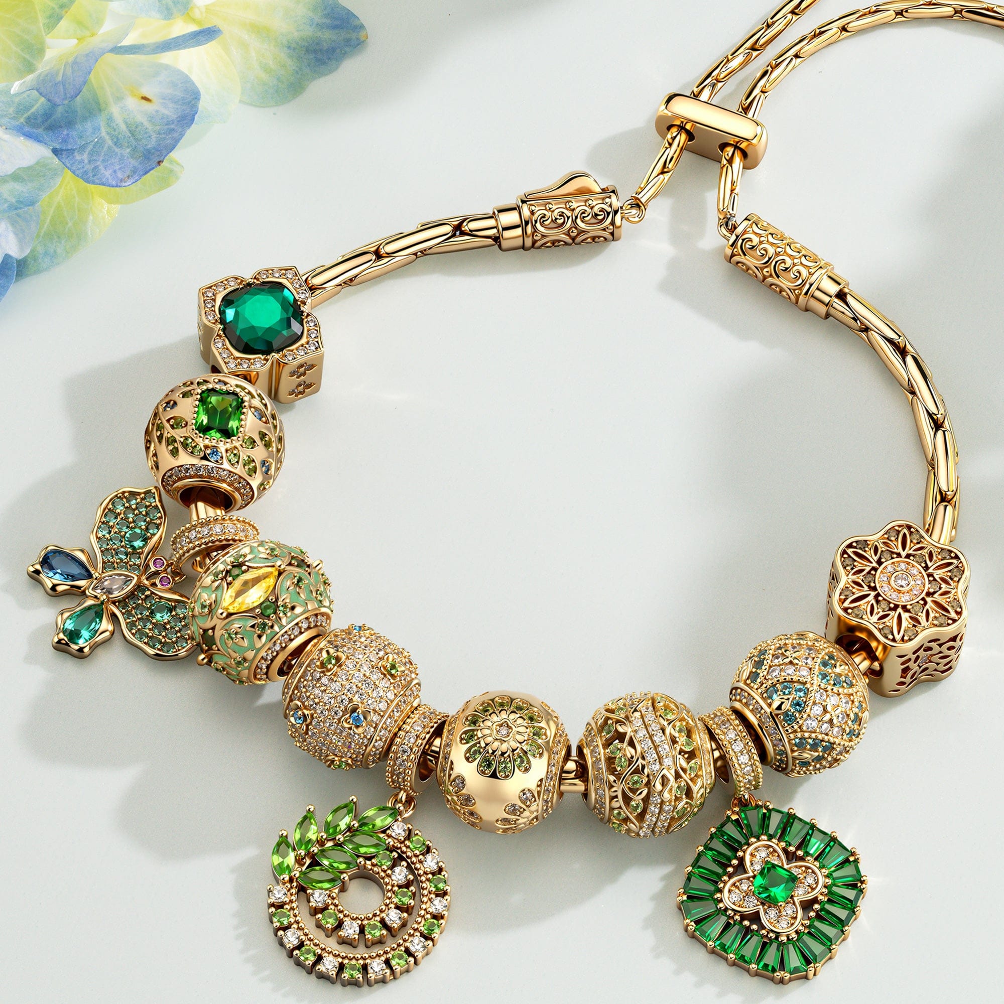 Spring Vibe Adjustable Tarnish-Resistant Silver Charms Bracelet Set In 14K Gold Plated (Includes bracelet and all charms shown)