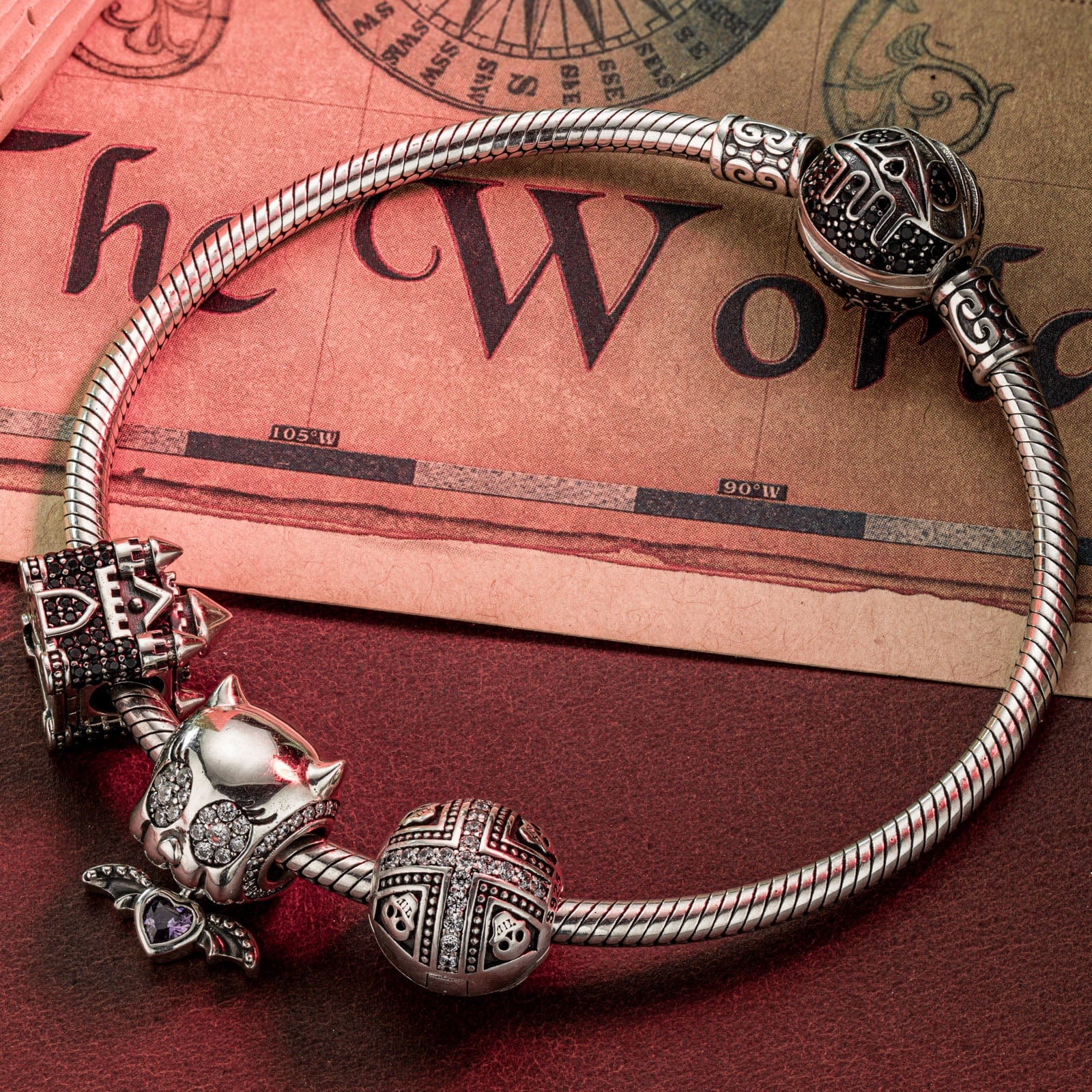 Sterling Silver Elf Castle Charms Bracelet Set With Enamel In White Gold Plated (Includes bracelet and all charms shown)