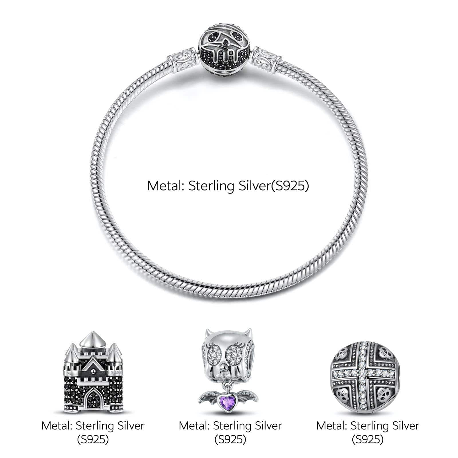 Sterling Silver Elf Castle Charms Bracelet Set With Enamel In White Gold Plated (Includes bracelet and all charms shown) - Image 2
