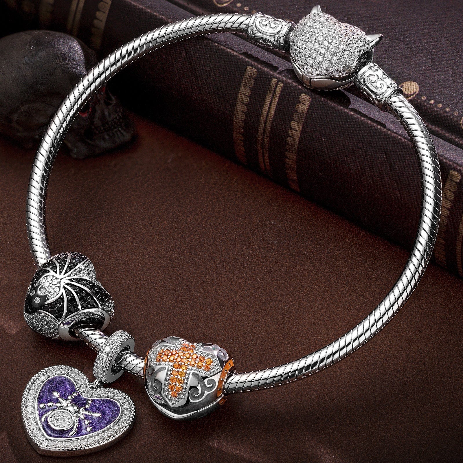 Sterling Silver Evil's Entrapment Charms Bracelet Set With Enamel In White Gold Plated (Includes bracelet and all charms shown)