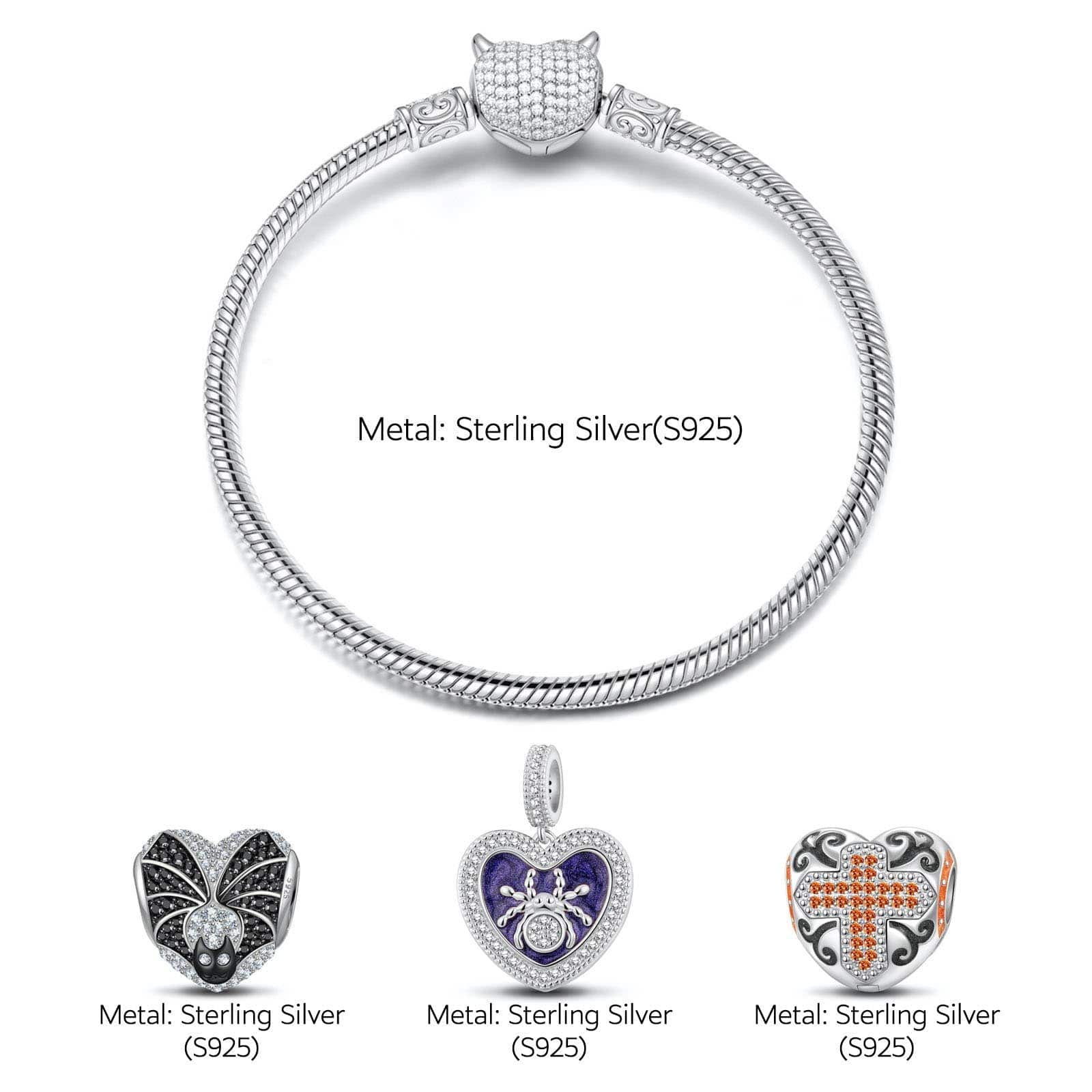 Sterling Silver Evil's Entrapment Charms Bracelet Set With Enamel In White Gold Plated (Includes bracelet and all charms shown) - Image 2