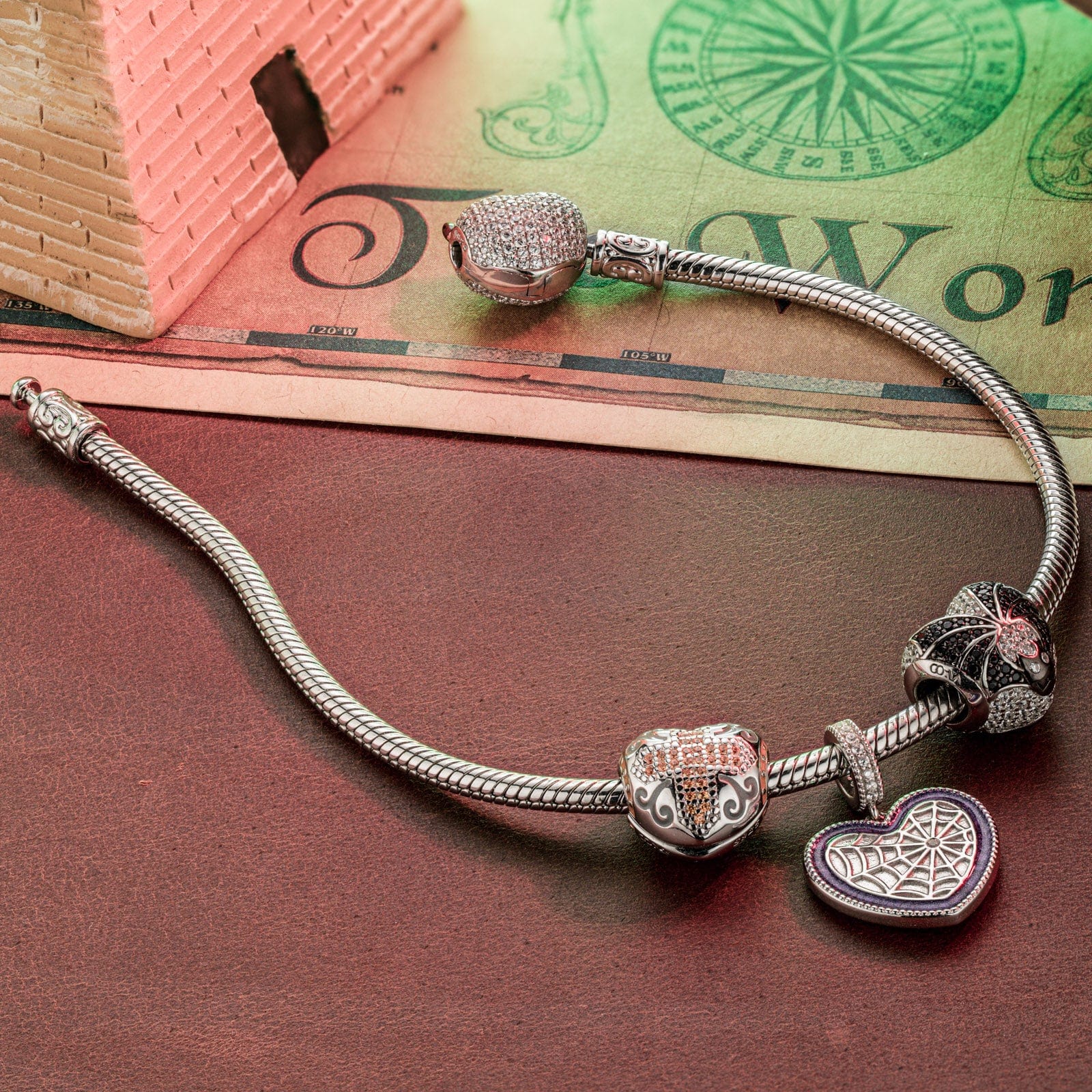 Sterling Silver Evil's Entrapment Charms Bracelet Set With Enamel In White Gold Plated (Includes bracelet and all charms shown) - Image 4