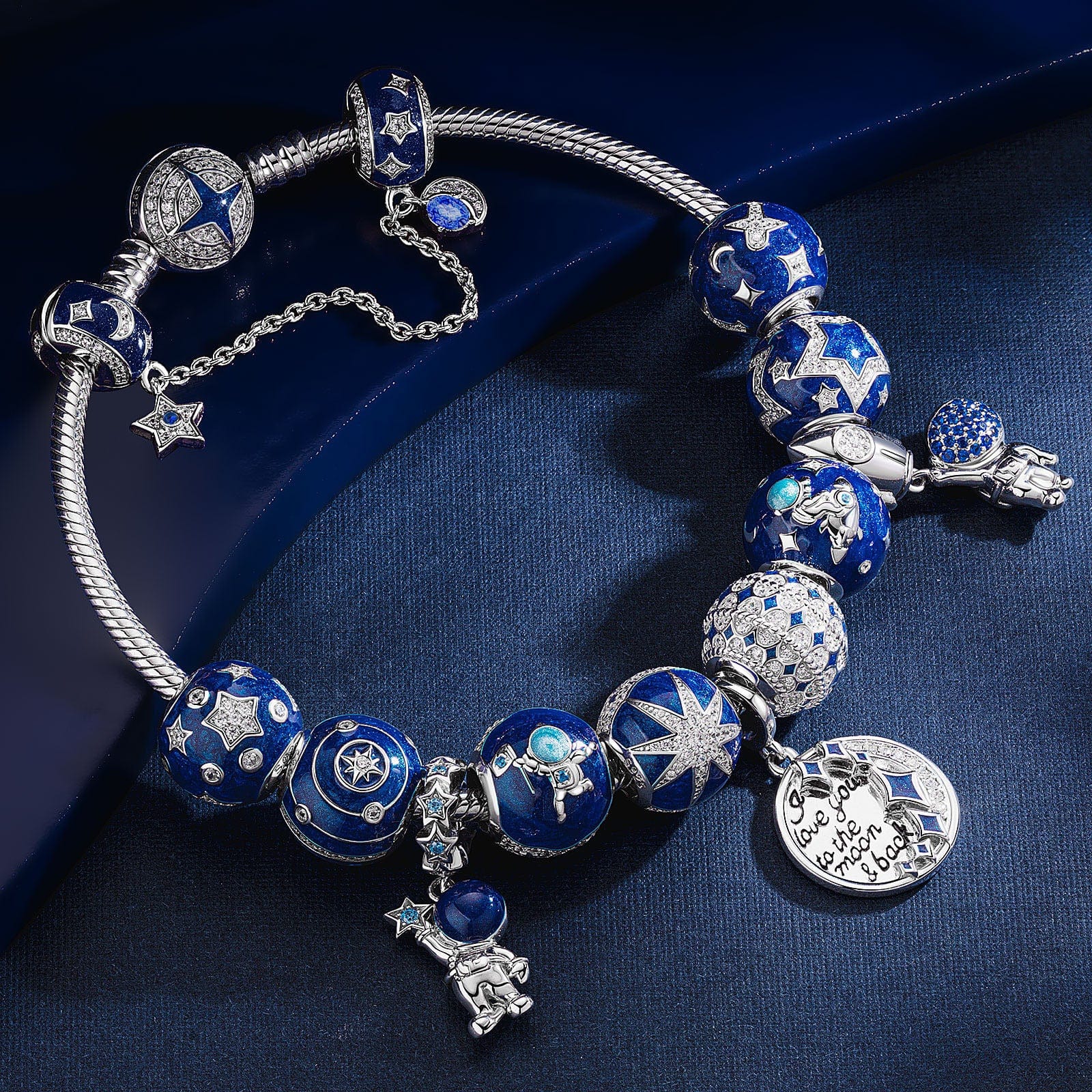 Sterling Silver The Vast Universe Snake Chain Charms Bracelet Set With Enamel In White Gold Plated (Includes bracelet and all charms shown) - Image 2