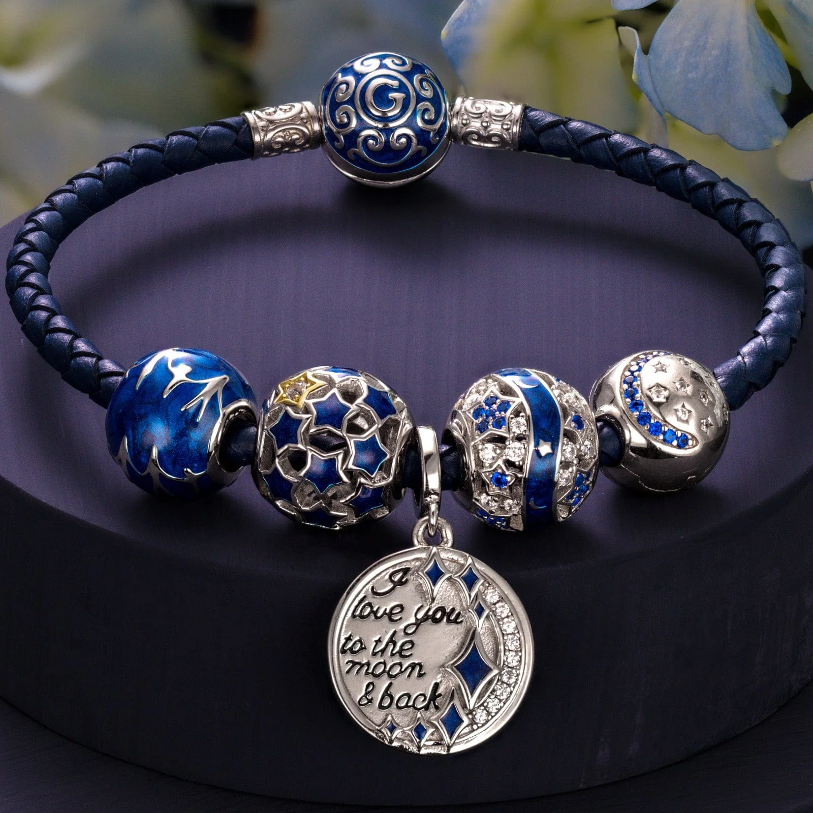 Sterling Silver My Blue Sky Charms Bracelet Set With Enamel In White Gold Plated (Includes bracelet and all charms shown)