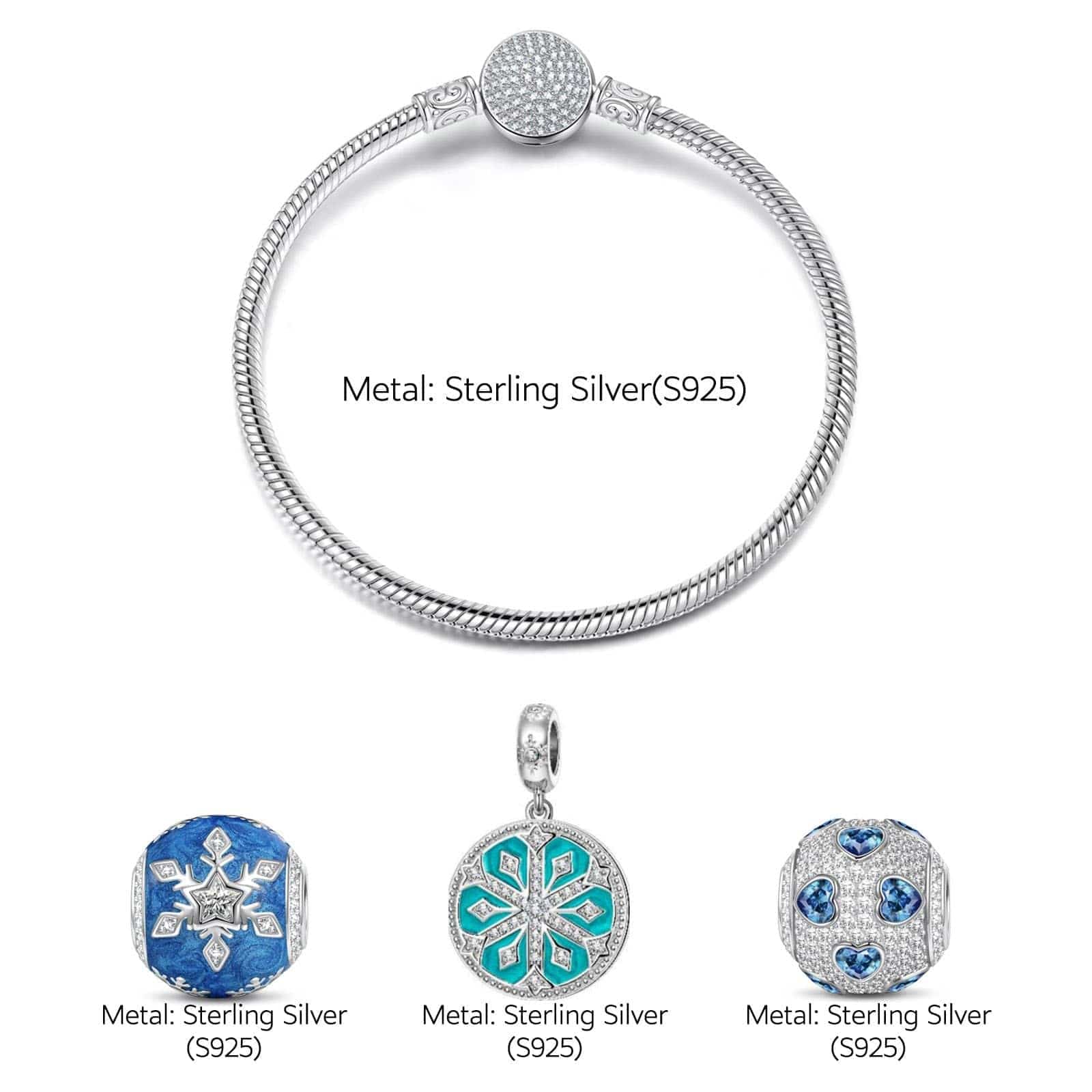 Sterling Silver Crystal Snowfall Charms Bracelet Set With Enamel In White Gold Plated (Includes bracelet and all charms shown) - Image 2